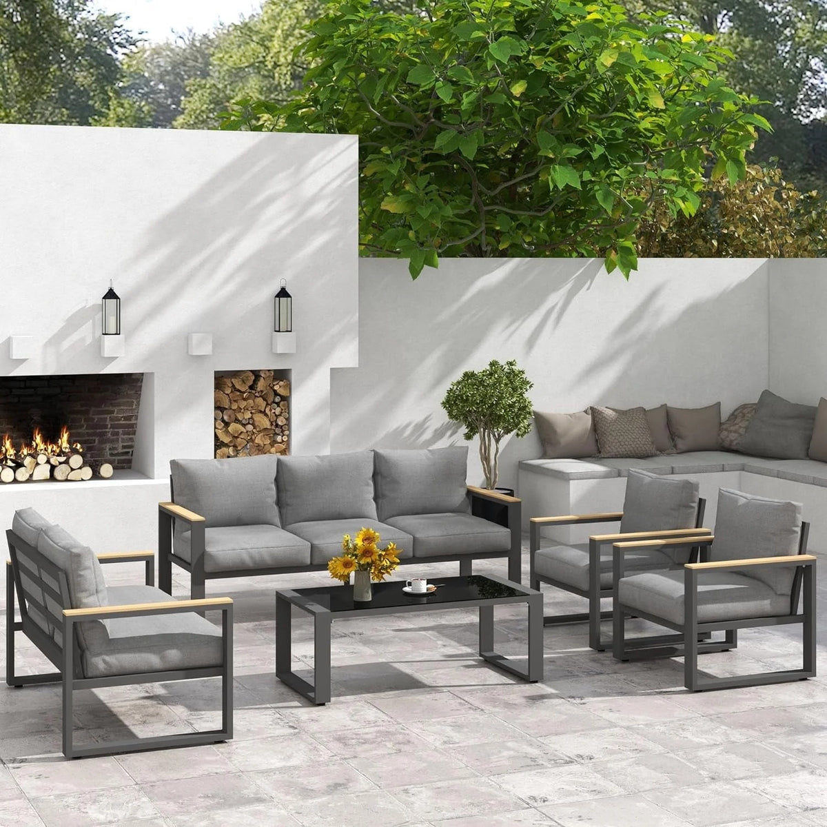 RoyalCraft Aluminum Patio Furniture Set, 8 Piece Outdoor Conversation Set with Coffee Table, Metal Outdoor Patio Furniture Set for Porch Backyard Garden, Grey