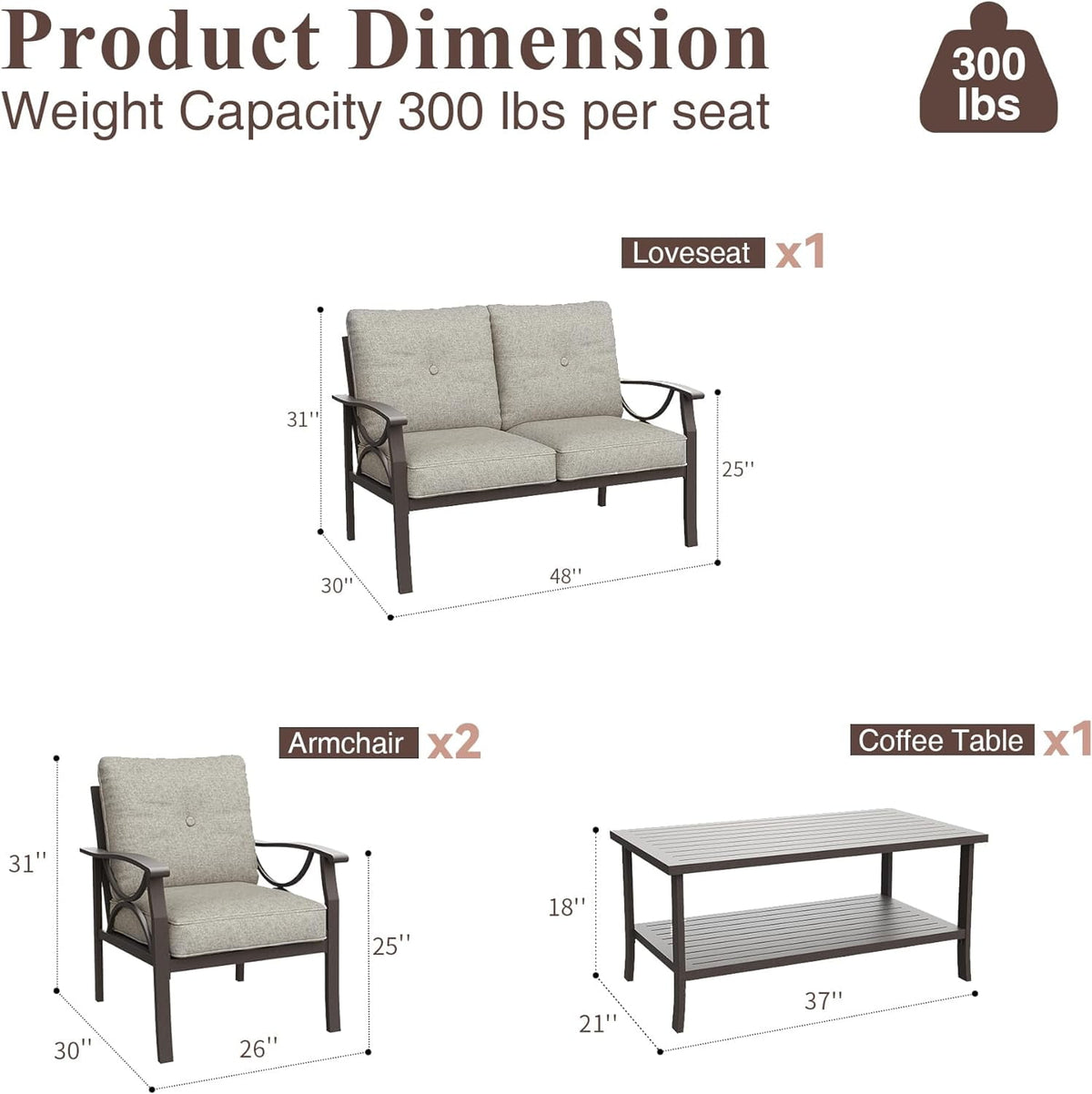 Royalcraft Outdoor Patio Furniture Set, 4 Piece Patio Conversation Set with Coffee Table, Metal Furniture Set for Porch Backyard Garden, Coffee