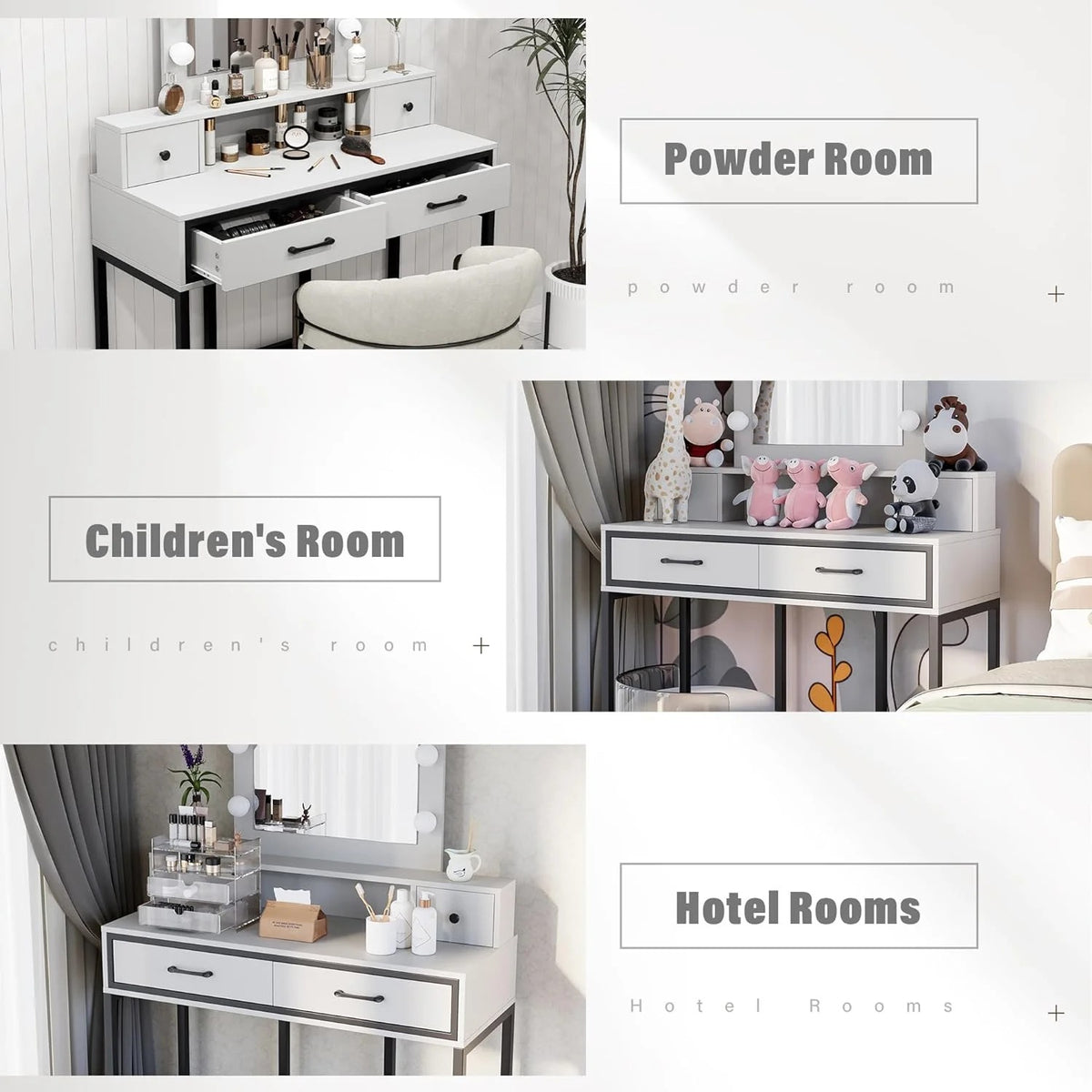 RoyalCraft Makeup Vanity Table with 3 Color Dimmable Lighted Hollywood Mirror, Vanity Desk with 4 Drawers, Dressing Table for Women Girls
