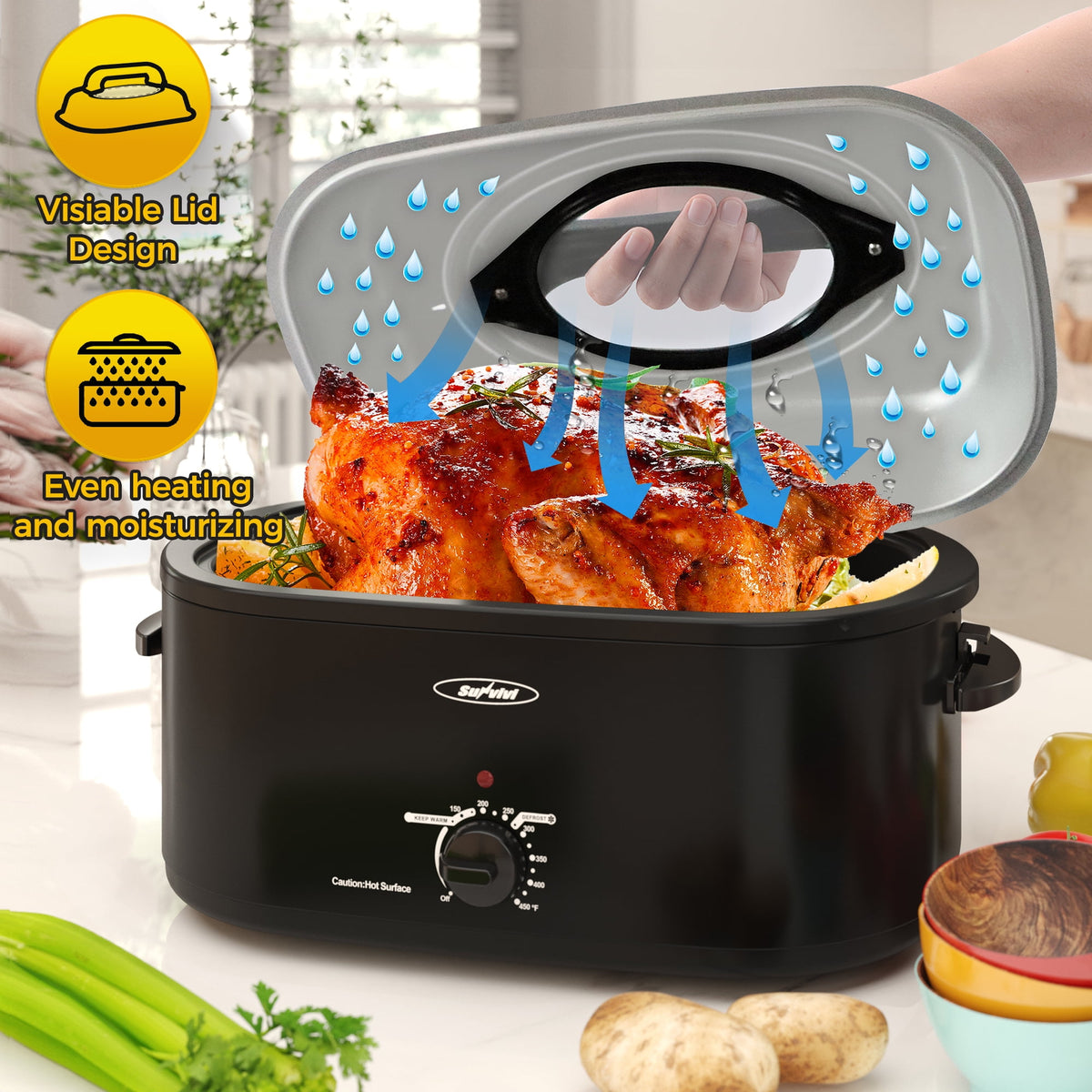 Royalcraft 26 Quart Electric Turkey Roaster Oven with Visible & Self-Basting Lid, Stainless Steel,Black