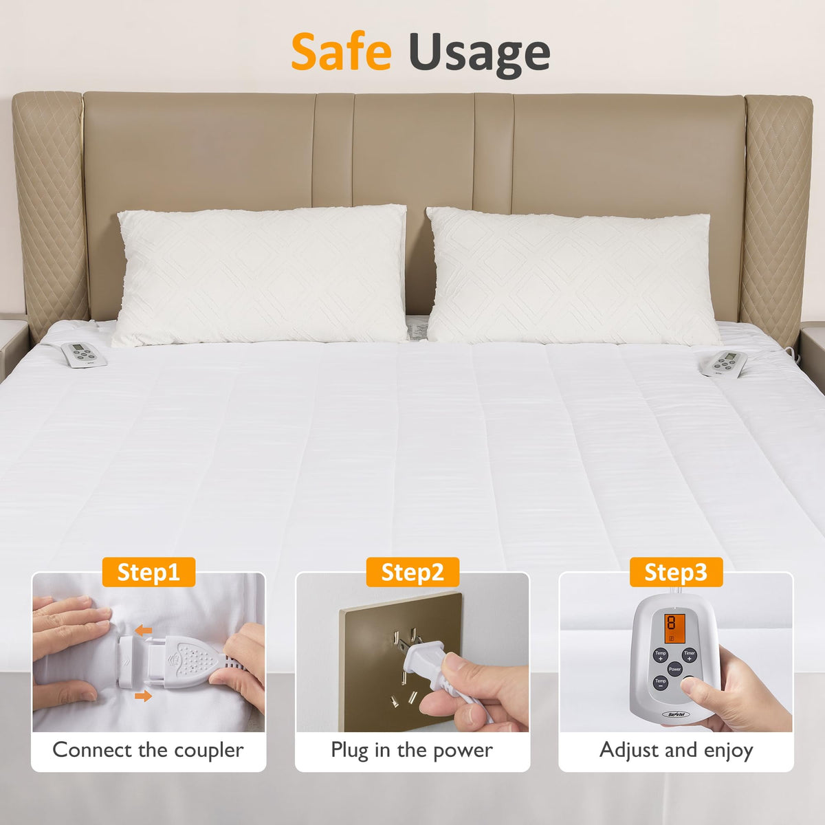 Royalcraft King Size Heated Mattress, Electric Bed Mattress Pad with 12-Hour Timer & 10 Heat Settings, Full Bed Warmer with Dual Controller, Machine Washable, 78in  x 80in