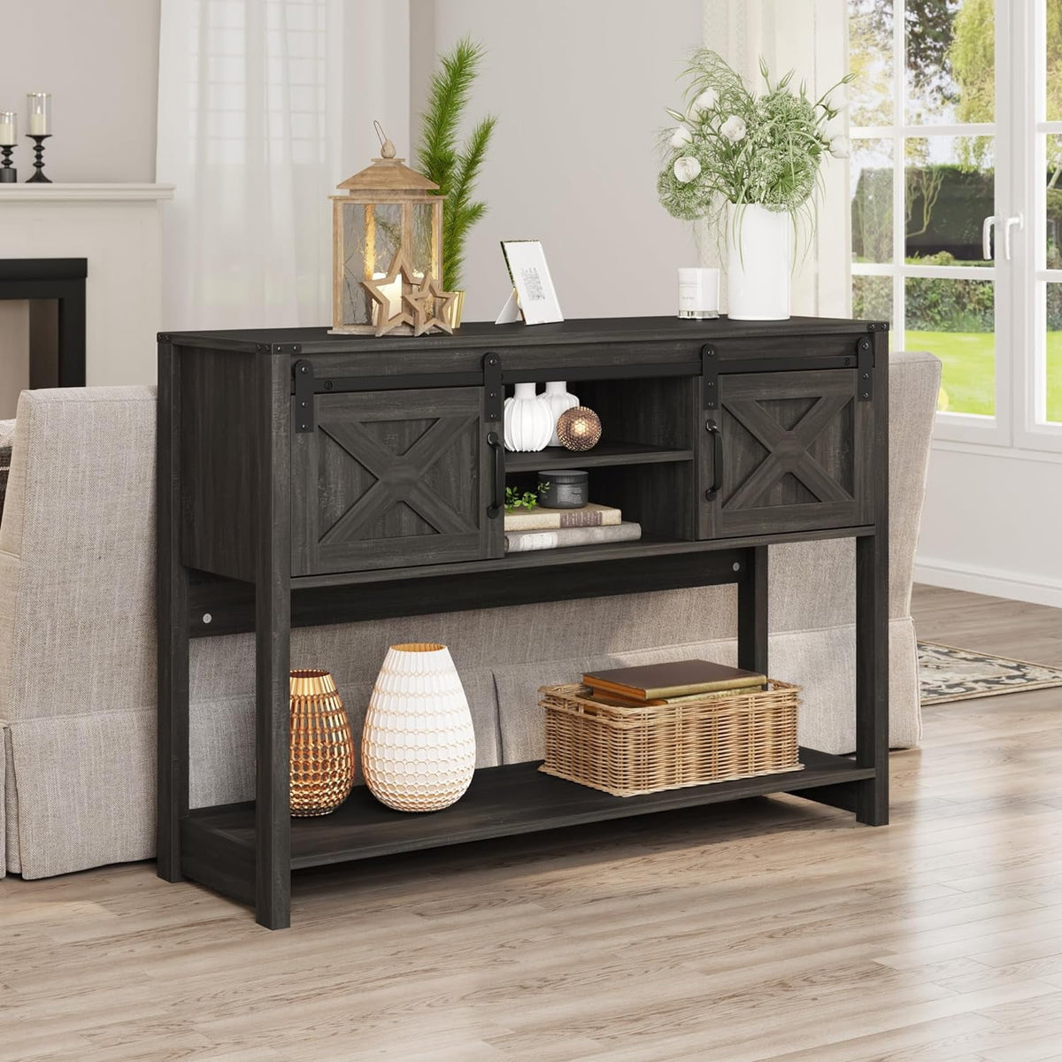 Royalcraft Entryway Table with Storage Cabinets, 46" Modern Farmhouse Console Table with Sliding Barn Door, Wood Rustic Sofa Table with Adjustable Shelf for Hallway, Living Room, Foyer,Dark Grey