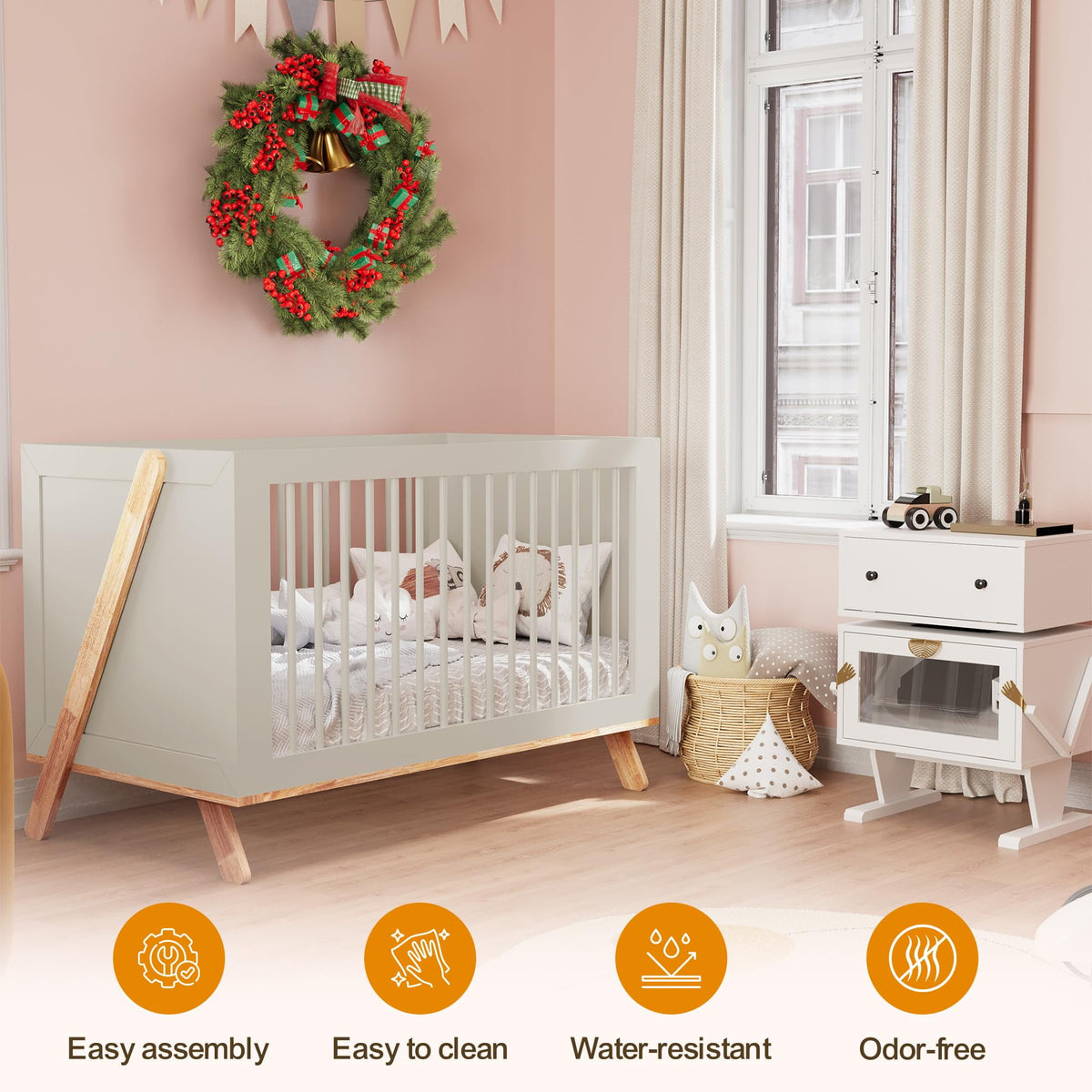 CozyHome 4-in-1 Convertible Crib, Wooden Baby Crib Bed, Crib Converts to Toddler Bed Daybed and Desk, Baby Furniture, Grey