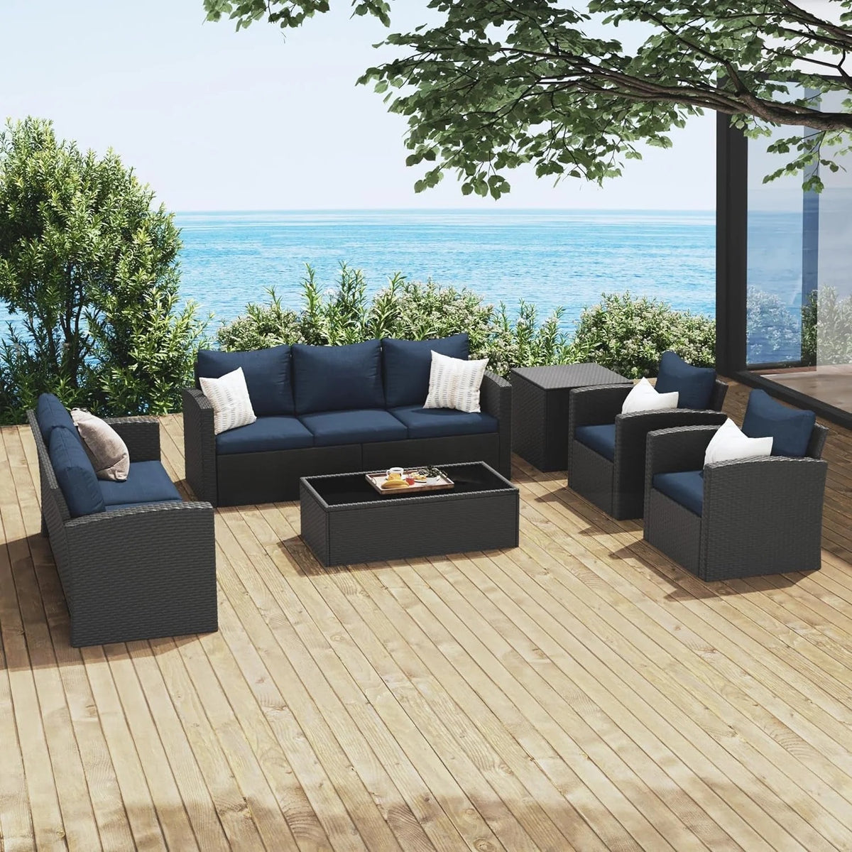 Royalcraft 9 Pieces Patio Furniture Sets, All-Weather Outdoor Sectional Wicker Conversation Set Outside Rattan Couch Sofa with Storage Box, Coffee Table, and Blue Cushion