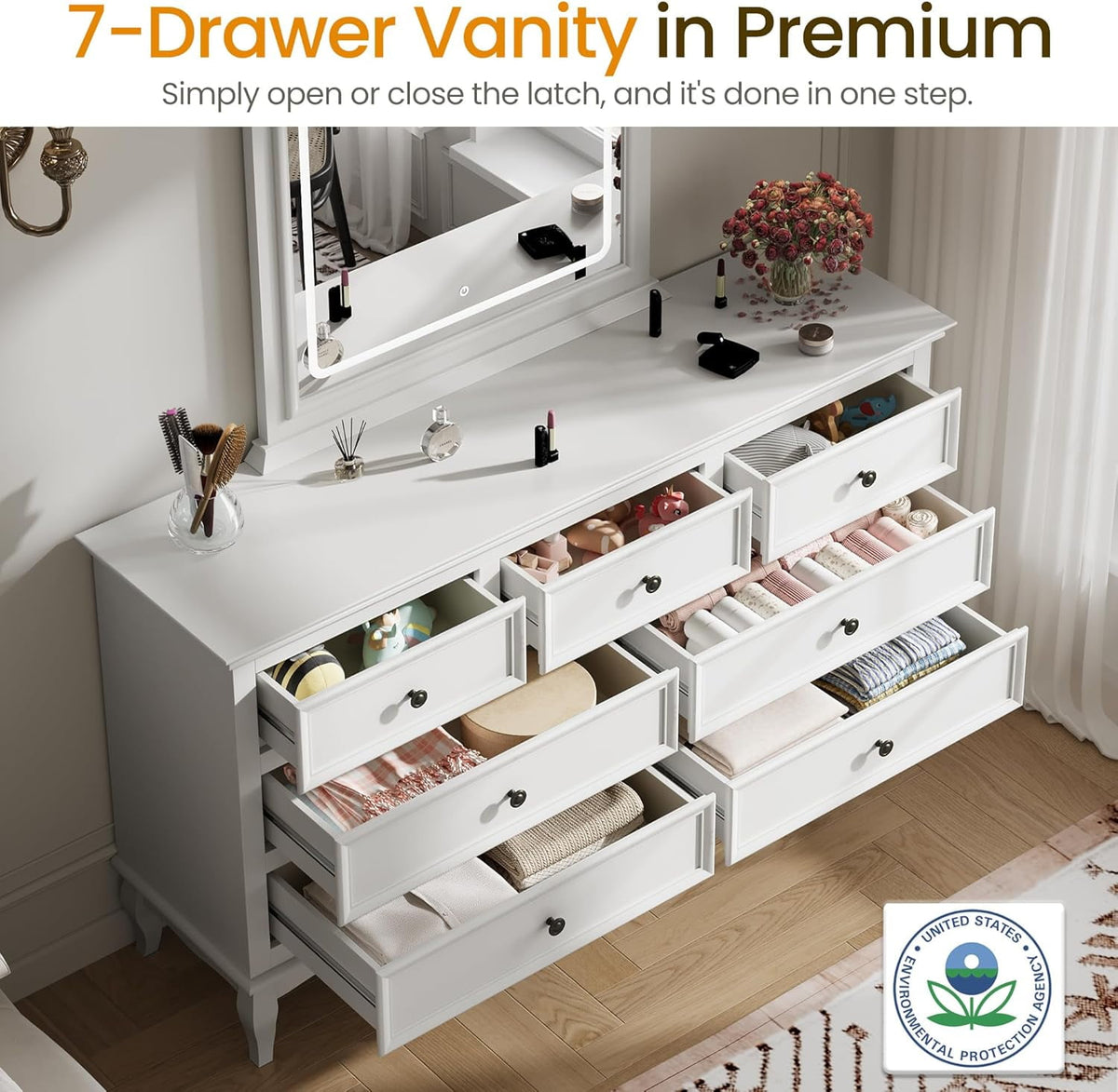 RoyalCraft White 7 Drawer Dresser with Mirror, Large Chest of Drawers for Bedroom, Modern Wood Dresser with LED Mirror for Bedroom, Living Room, White
