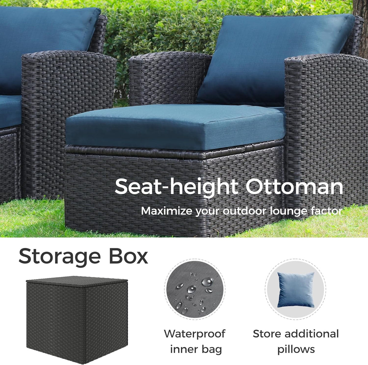 Royalcraft 9 Pieces Patio Furniture Sets, All-Weather Outdoor Sectional Sofa Wicker Rattan Couch Modern Conversation Set with Storage Box, Coffee Table and Grey Cushion