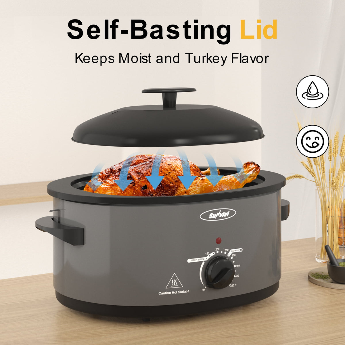 Royalcraft Roaster Oven with Self-Basting Lid, 8qt Electric Roaster with Removable Pan & Rack, Turkey Roaster Oven with Defrost & Warm Function, Stainless Steel, Grey