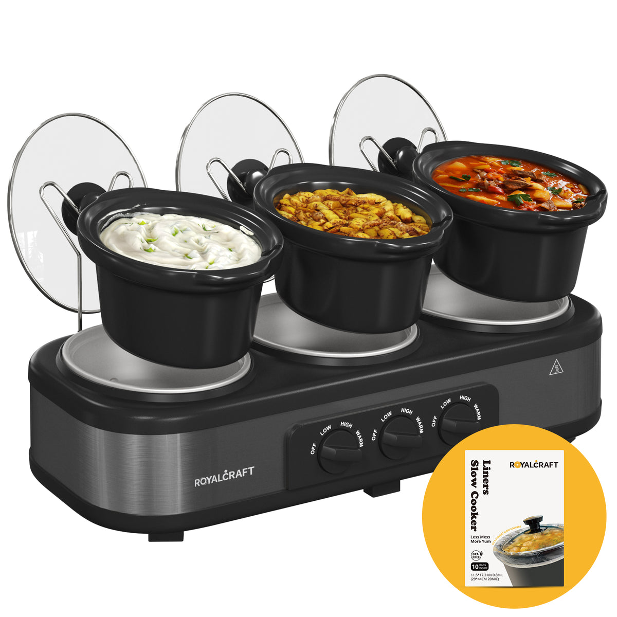 RoyalCraft Triple Slow Cooker - Effortlessly Cook and Serve Multiple Meals at Once, 3 Nylon Spoons , Adjustable Temp, Entrees, Sauces, Stews & Dips, Dishwasher Safe Glass Lid & Crock Ceramic Pot, 1.5 Quart 3 Crock Cooker Pot, Stainless Steel