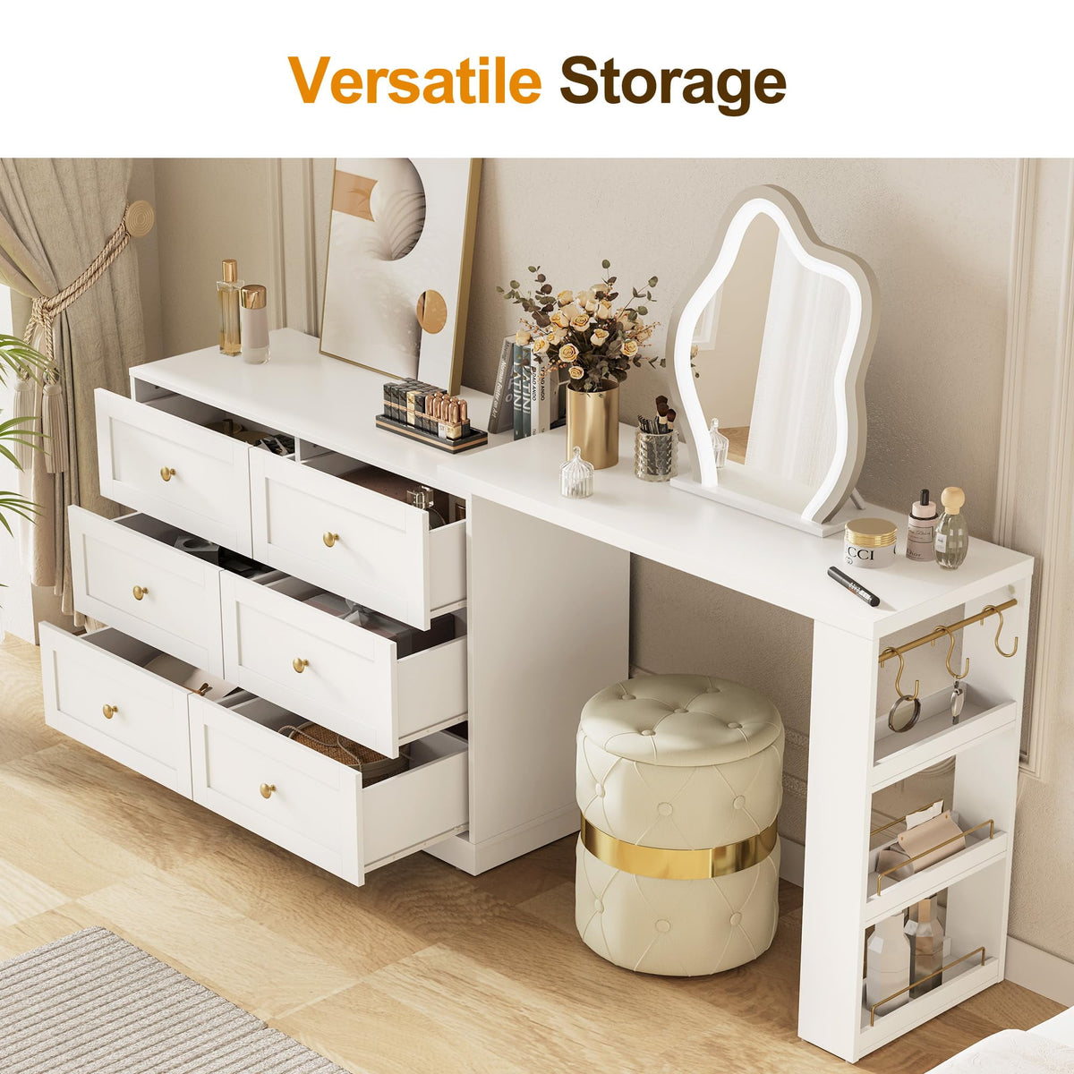 CozyHome Makeup Vanity Desk with 6 Drawers, Extendable corner Vanity Table and Dresser Combo with 3 Side Shelves, Wood Dressing Table for Bedroom, Dressing Room, White