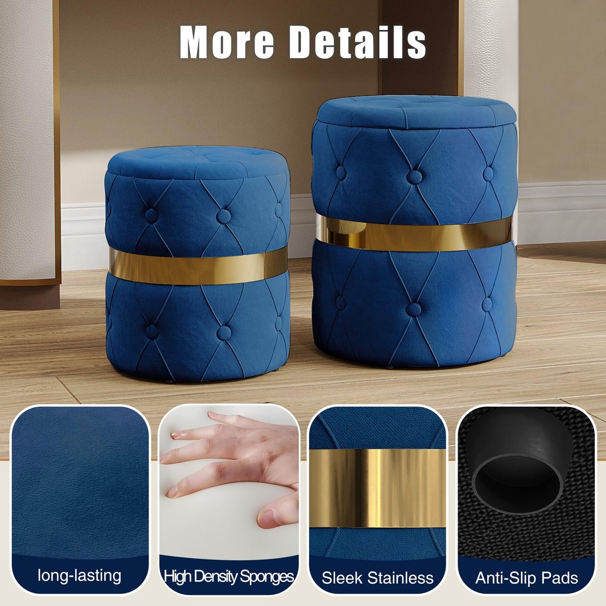 Superjoe Storage Ottoman Set of 2, Versatile Footrest Stool with Stainless Steel Base, Modern Round Vanity Stool Chair Foot Stools, Support 200lbs Padded Seat, for Living Room, Bedroom, Blue