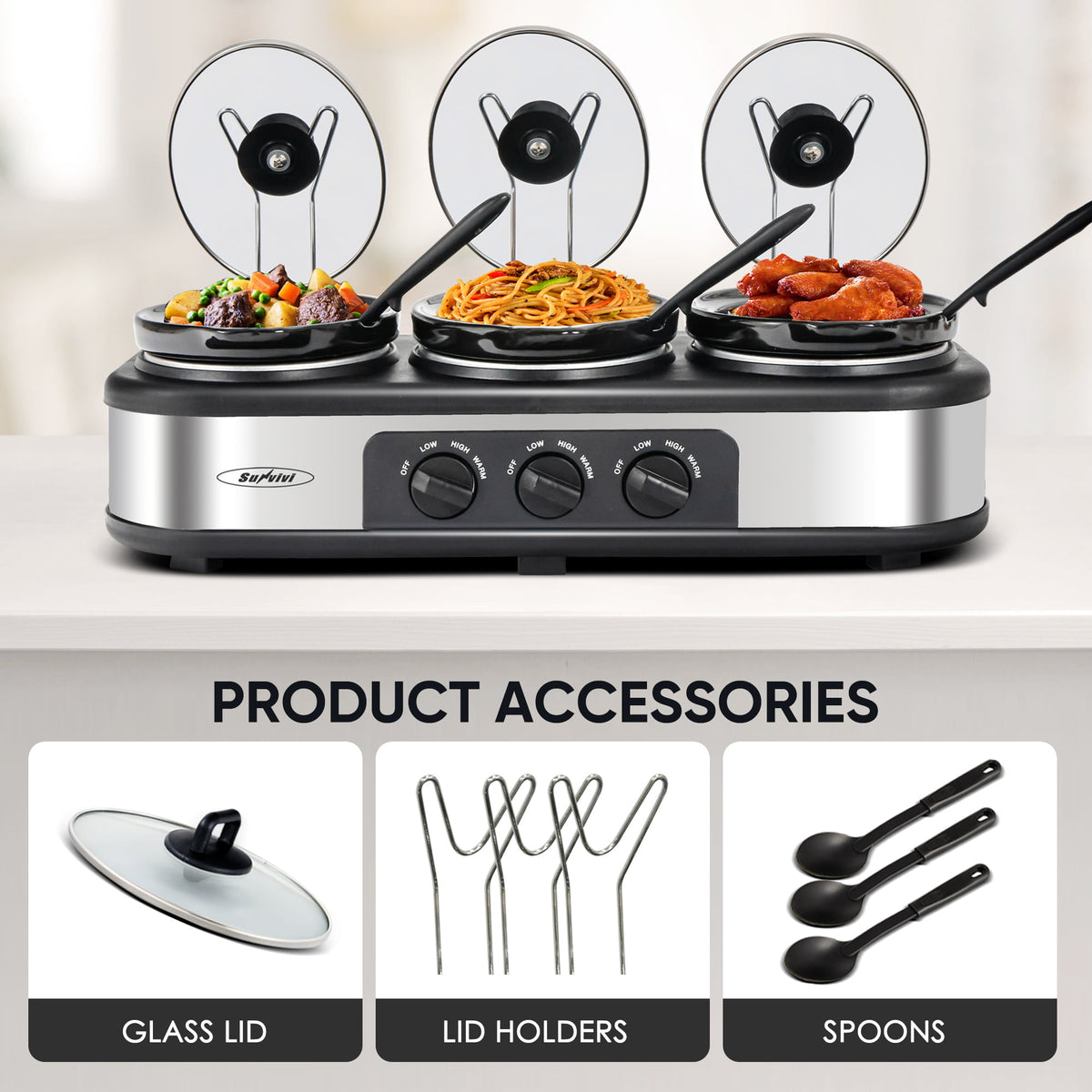 Triple Slow Cooker with 3 Spoons, 3 Pot 1.5 Quart Oval Crock Food Warmer Buffet Server, Stainless Steel