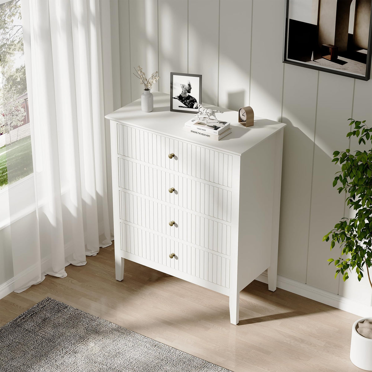 RoyalCraft White Fluted 4 Drawer Dresser for Bedroom, Modern Chest of Drawers, Wood Dresser for Storage Clothes, Wooden Storage Cabinet Nightstand for Bedroom, Hallway, Living Room, Entryway