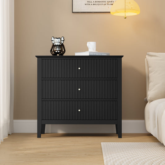 32" Black Fluted Dresser Nightstand, Wide Modern 3 Drawer Wooden Chest, Large Painted Storage Cabinet