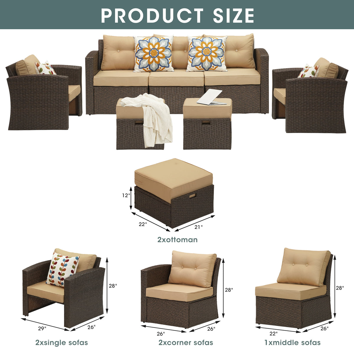 Royalcraft Outdoor Patio Furniture Set,7 Pieces Outdoor Sectional Wicker Sofa PE Rattan Conversation Sets with Non-slip Cushions,Aluminum Frame,Grey