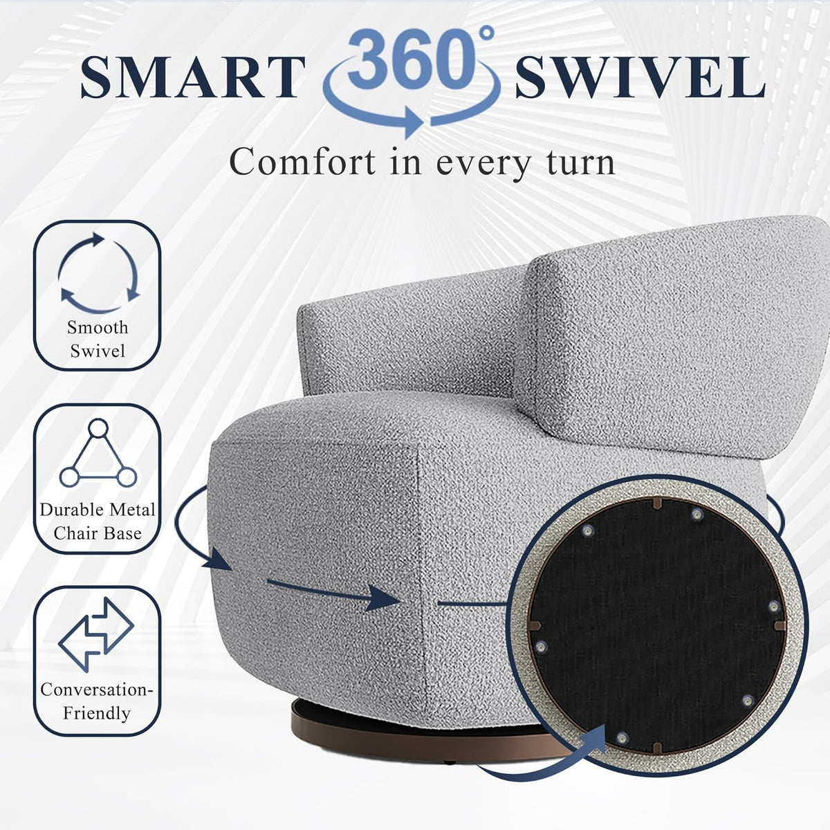 RoyalCraft Swivel Accent Chair, Fully Assembled Round Barrel Chairs, Oversized Upholstered Armchair with 360-Degree Base, Modern Club Chair for Living Room, Bedroom, Office, Grey