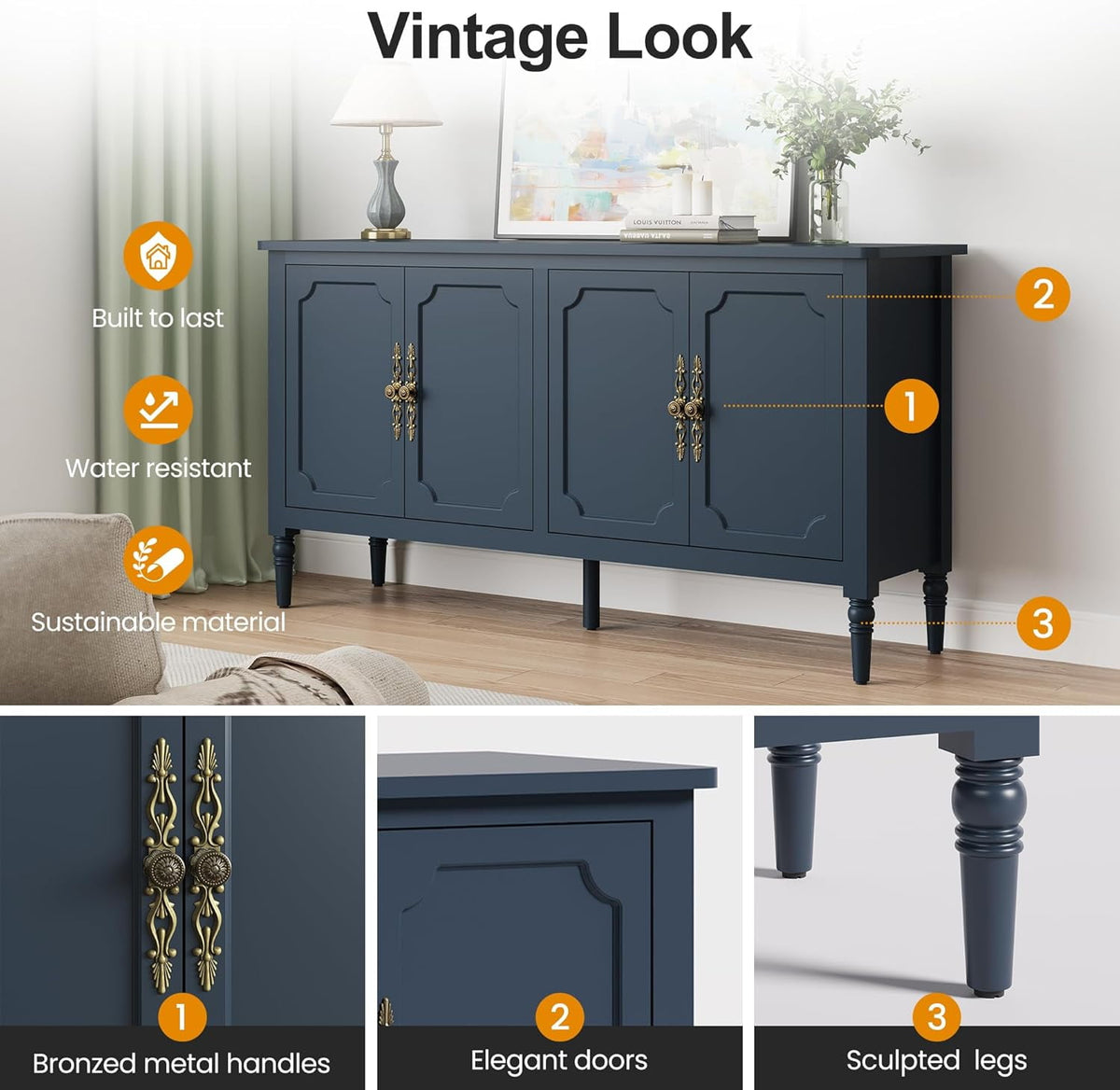 RoyalCraft Console Cabinet, 58'' Mid Century Modern Pantry Cabinet, Wood Buffet Cabinet, Media Cabinet with 4 Doors, Accent Cabinet for Entryway, Living Room, Bedroom, Dining Room