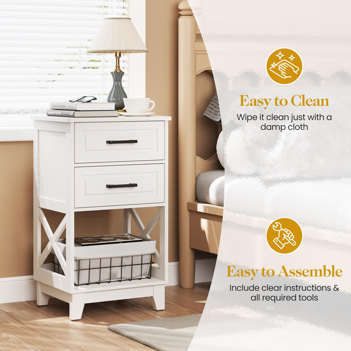RoyalCraft Tall Nightstand, Side Table with 2 Drawers and Open Shelf Below, Bedside Table with Solid Feet, Modern Night Stand End Table for Bedroom, Living Room, Home Office, White