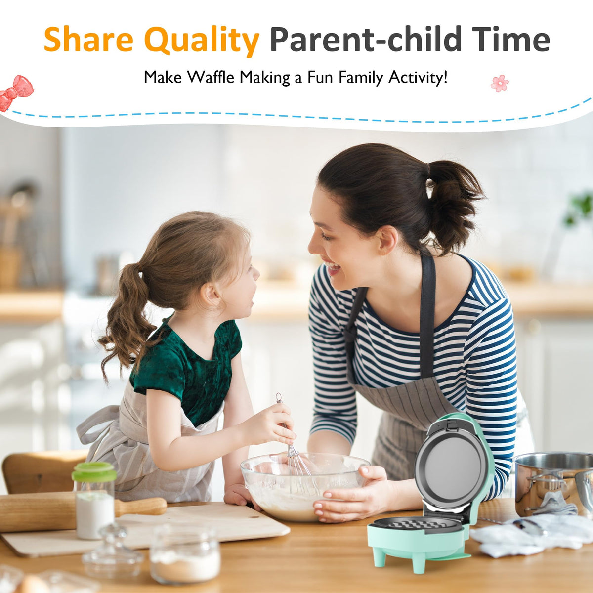 Royalcraft 6 in 1 Mini Waffle Maker, 4¡± Waffle Iron with Removable Non-stick Plates, Perfect Mini Waffle Maker for Kids and Families, Light Blue