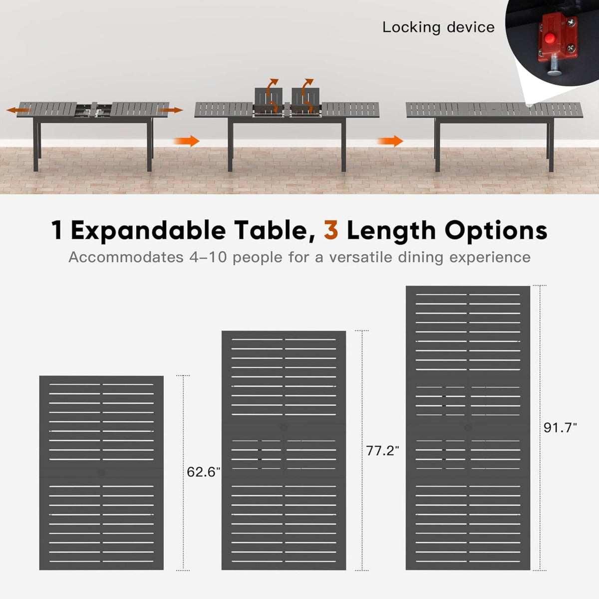 Superjoe Patio Expandable Table Dining Set for 4 to 10, Aluminum Outdoor Dining Table, Rectangular Patio Metal Table with Umbrella Hole for Backyard Porch, Deck ＆ Garden, Easy Assembly, Dark Grey