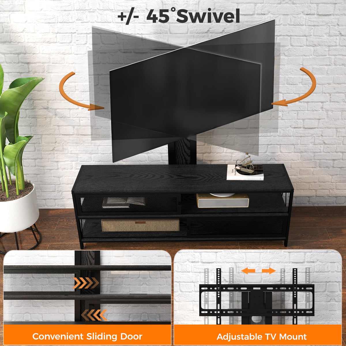 Royalcraft TV Stand with Mount and Power Outlet, 51" Swivel TV Stand Mount for 32/45/55/60/65/70 Inch TVs, LED Entertainment Center with Storage Shelves for Living Room, Bedroom, Office, Black tv stand