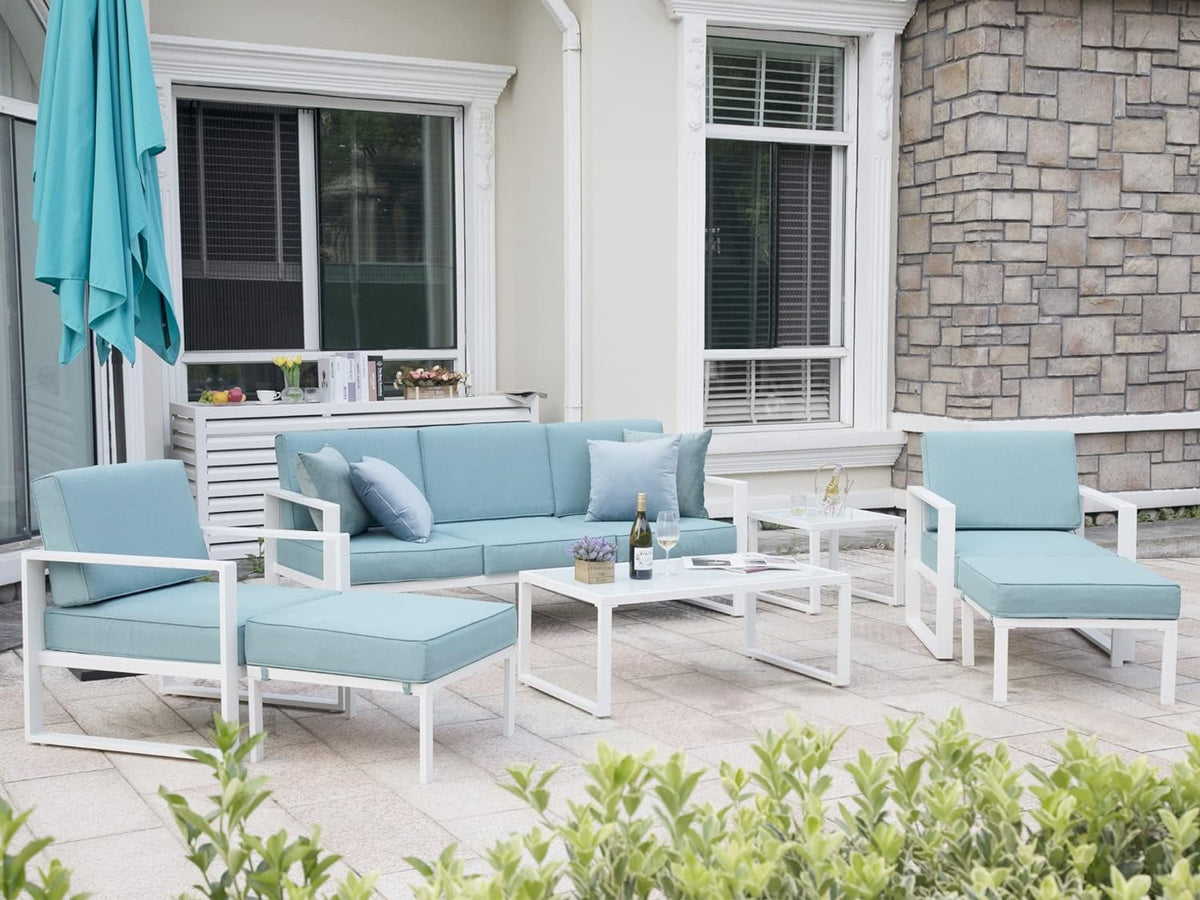 Royalcraft Aluminum Patio Furniture Set, All-Weather 7 Pieces Outdoor Couch Conversation Set Modern Metal Outdoor Sectional Sofa with Ottomans and Coffee Table