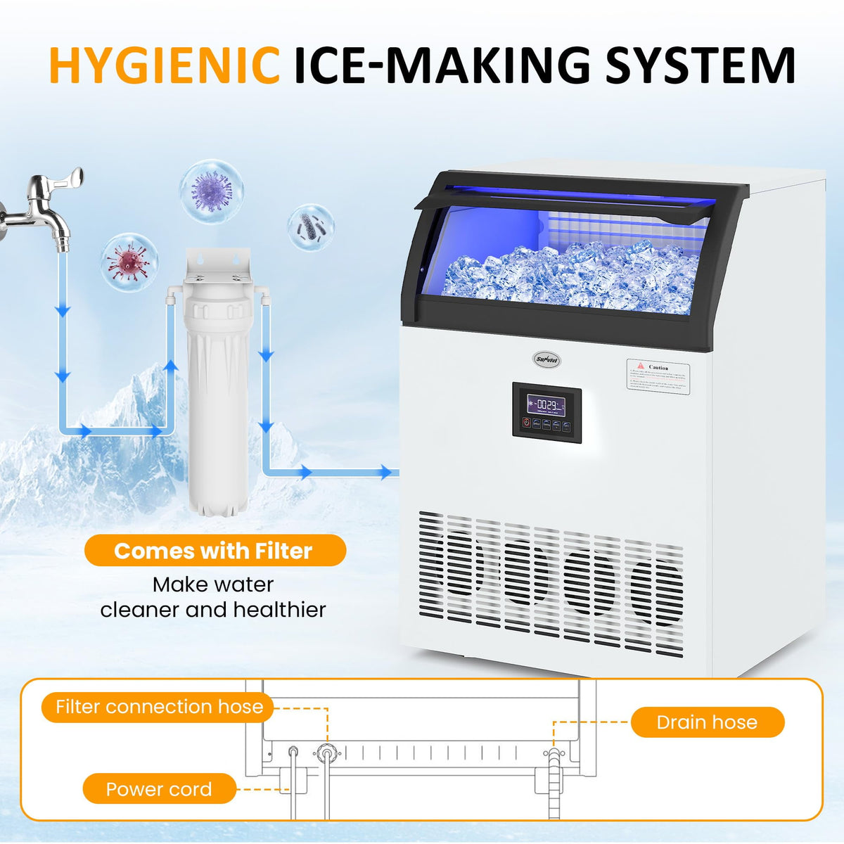 Royalcraft Commercial Ice Maker Machine, 265LBS/24H, 55LBS Storage Bin, Stainless Steel Under Counter Ice Machine for Restaurants, Bars, and Home Use, Includes Water Filter, Scoop, and Hose