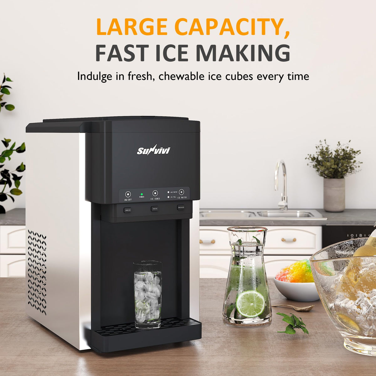 Royalcraft 3 in 1 Water Dispenser with Ice Maker, Ice Crushing & Ice Water, Nugget Ice Maker Countertop, 44lbs in 24Hrs, 12 Ice Cubes in 6 Mins, Ice Dispenser, Ideal for Home, Kitchen, RV