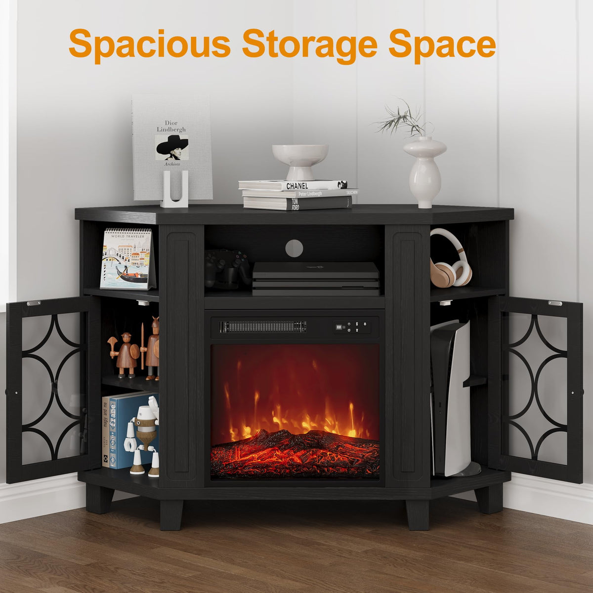 CozyHome Corner TV Stands with 18'' Fireplace, Media Console Table with Adjustable Shelves & Acrylic Doors, Entertainment Center for TVs up to 55'', Corner Cabinet for Living Room, Bedroom, Black