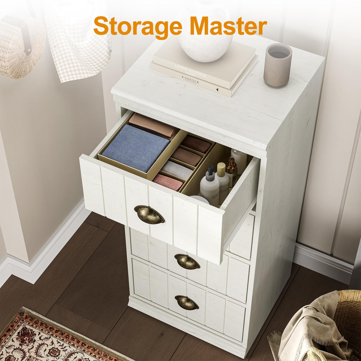 CozyHome Fluted Dresser with 4 Drawers, White Closet Dresser with Vintage Bronze Metal Handles, Modern Dresser Organizer with Soft-Close Drawers, Chest of Drawers for Bedroom, Living Room, Entryway