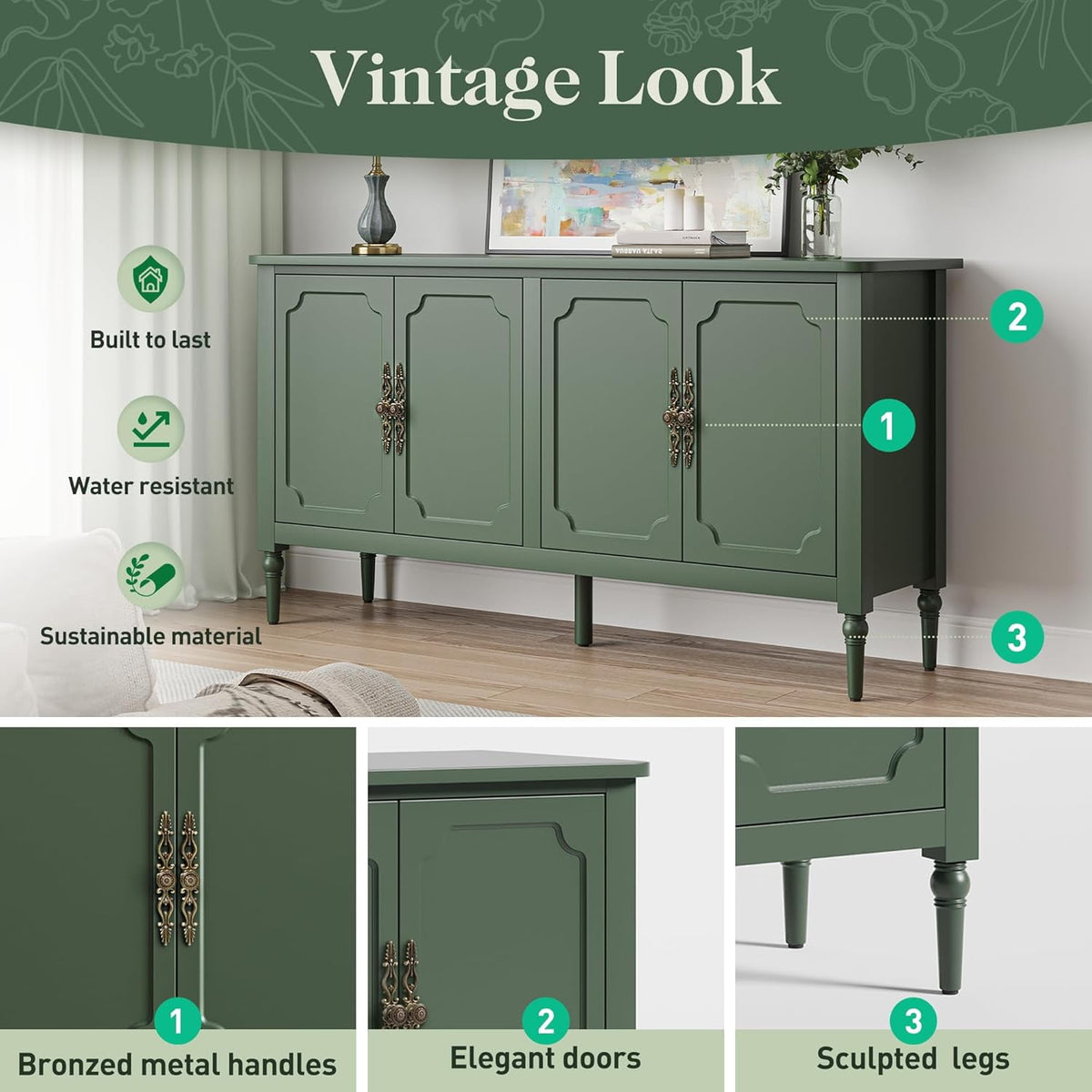 Superjoe Console Cabinet, 58'' Mid Century Modern Pantry Cabinet, Wood Buffet Cabinet, Media Cabinet with 4 Doors, Accent Cabinet for Entryway, Living Room, Bedroom, Dining Room (Green)