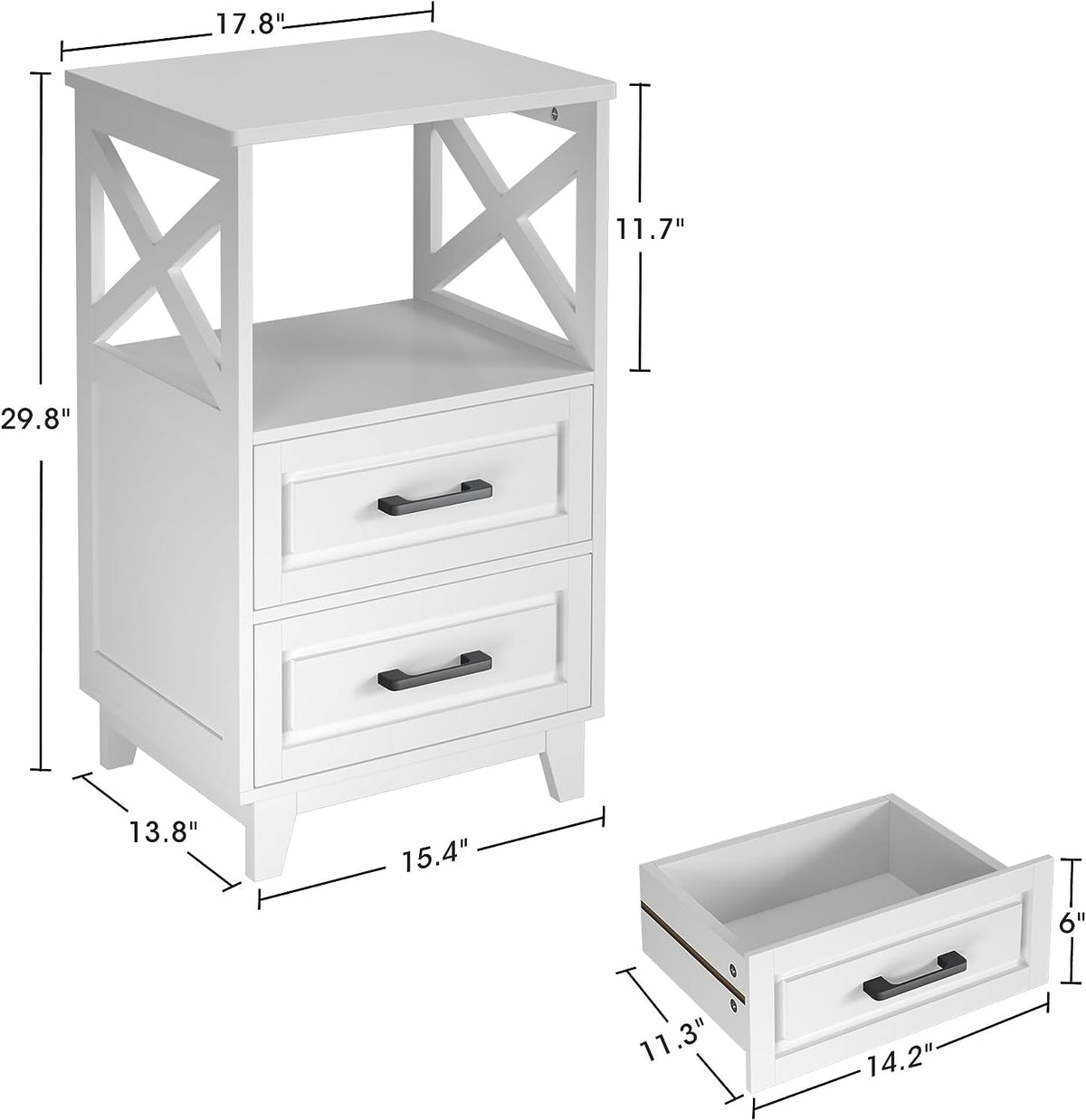 RoyalCraft White Nightstand, Farmhouse Side Table with Storage Drawers and Open Shelf, Wooden Rustic End Table Cabinet for Bedroom, Living Room nightstand