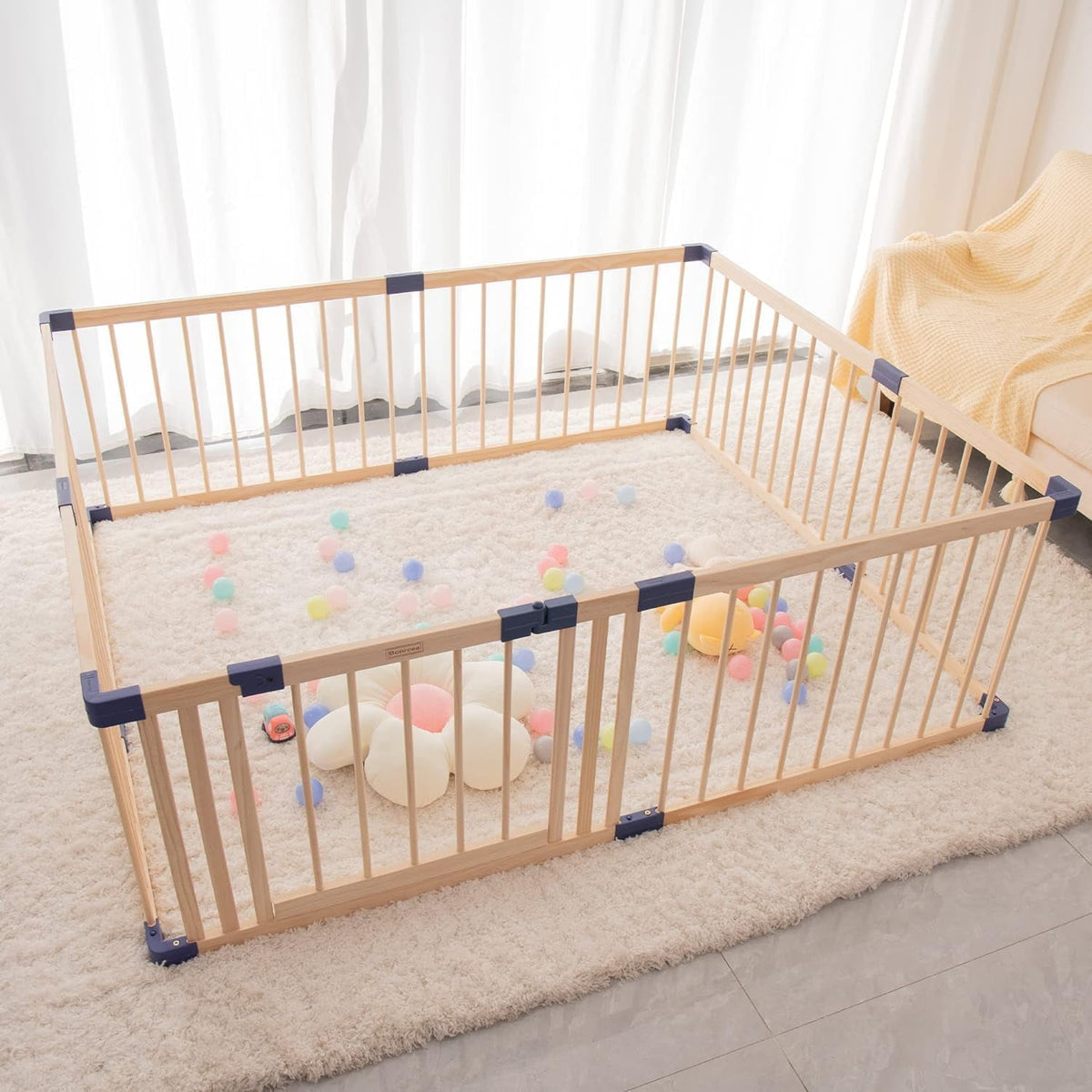 Superjoe Baby Playpen Kids Fence with Safety Gate, Activity Play Center, Safety and Anti-Drop Function, Safety Play Yard Indoor Outdoor Pure Wooden Baby Playpen (71"*63"*24")