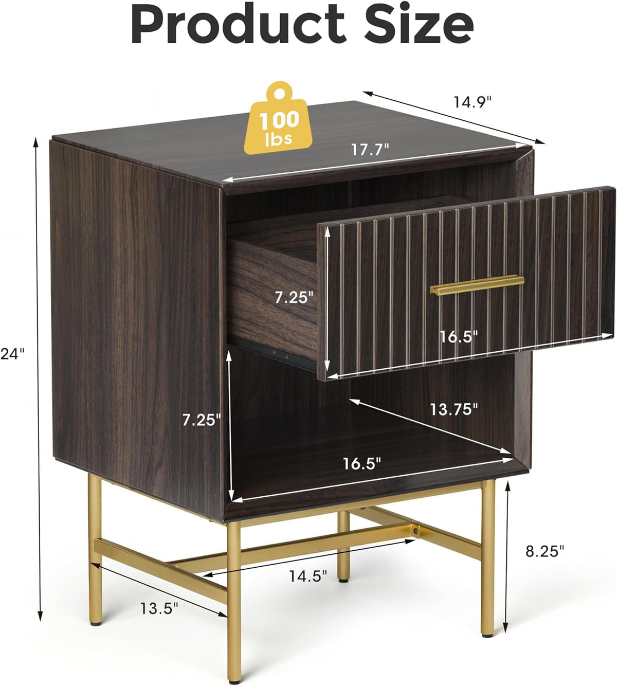 RoyalCraft Nightstand with Drawers, 2-Tier Side Table, Wood End Table with Adjustable Feet and Stable Metal Leg, Modern Night Stand Cabinet for Bedroom, Living Room, Home Office, Charcoal Walnut