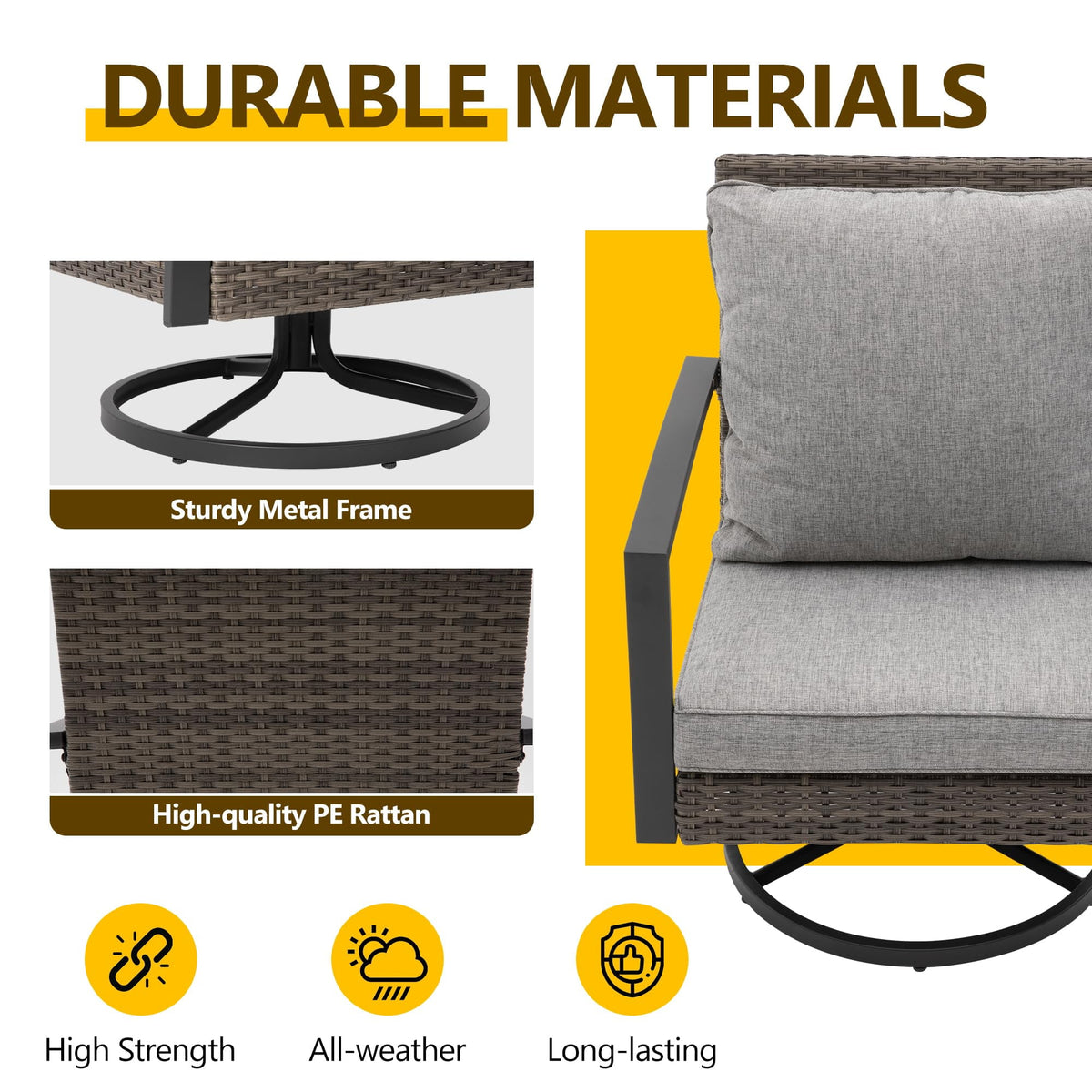 RoyalCraft Royalcraft Patio Swivel Dining Chairs with 360-Degree Rotating, All Weather Rattan Chairs with Water-resistant Cushions & Metal Frame, Modern Outdoor Rocking Chair for Porch, Bistro, Balcony,Grey