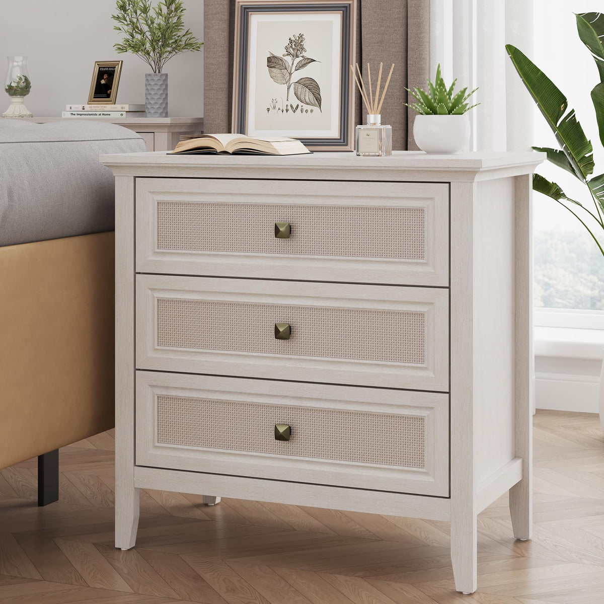 RoyalCraft White Dresser for Bedroom, Boho Tall Dresser with 3 Rattan Decorated Drawers, Modern Wood Chest of Drawers for Closet, Living Room, Hallway, Entryway