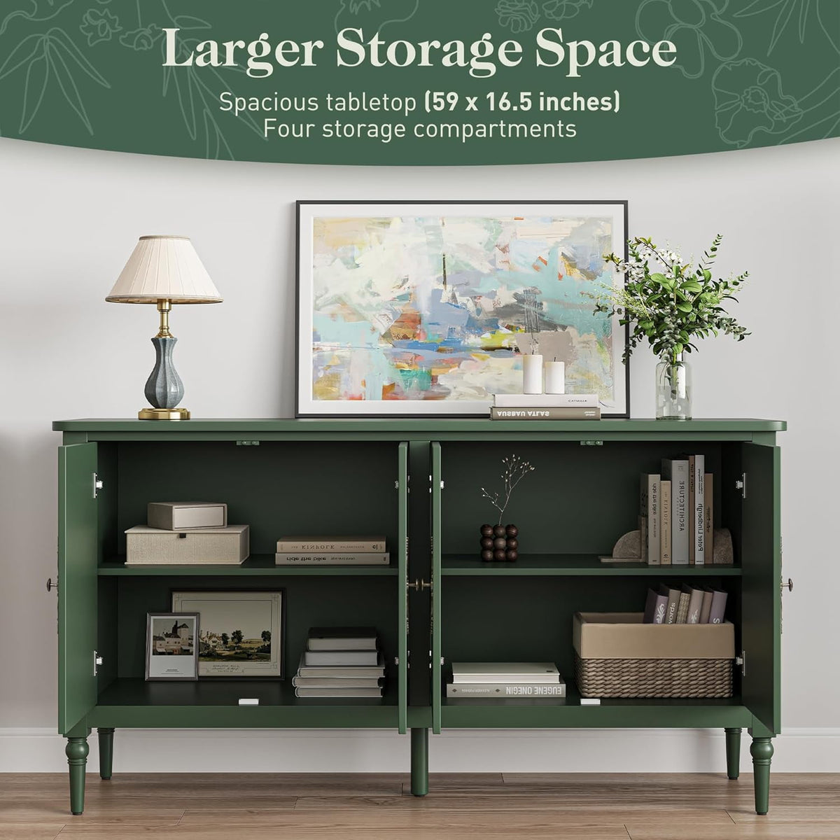 Superjoe Console Cabinet, 58'' Mid Century Modern Pantry Cabinet, Wood Buffet Cabinet, Media Cabinet with 4 Doors, Accent Cabinet for Entryway, Living Room, Bedroom, Dining Room (Green)