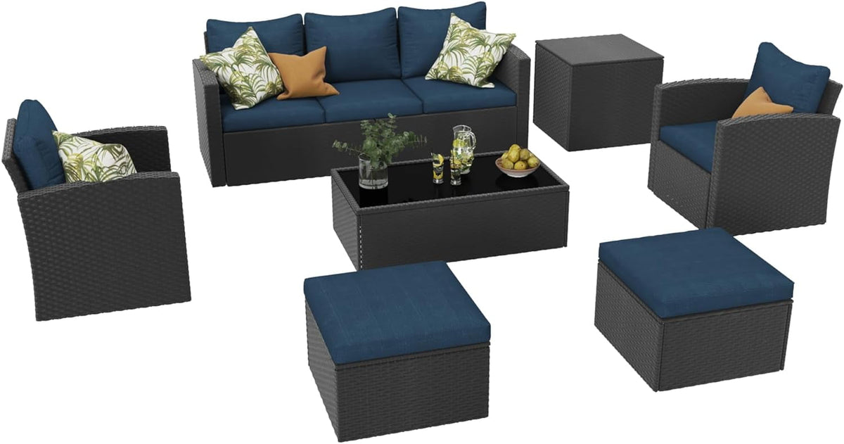 Royalcraft 9 Pieces Patio Furniture Sets, All-Weather Outdoor Sectional Sofa Wicker Rattan Couch Modern Conversation Set with Storage Box, Coffee Table and Grey Cushion