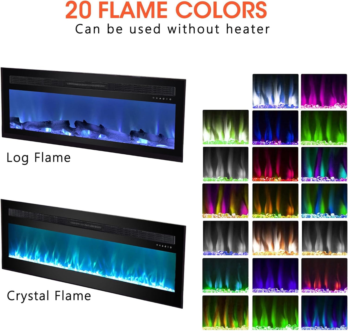 Royalcraft 50 Inch Recessed and Wall Mounted Electric Fireplace, Low Noise Fireplace Heater with 20 Multicolor Flames and 8h Timer, 1400W Heater with Touch Screen and Remote Control, Black