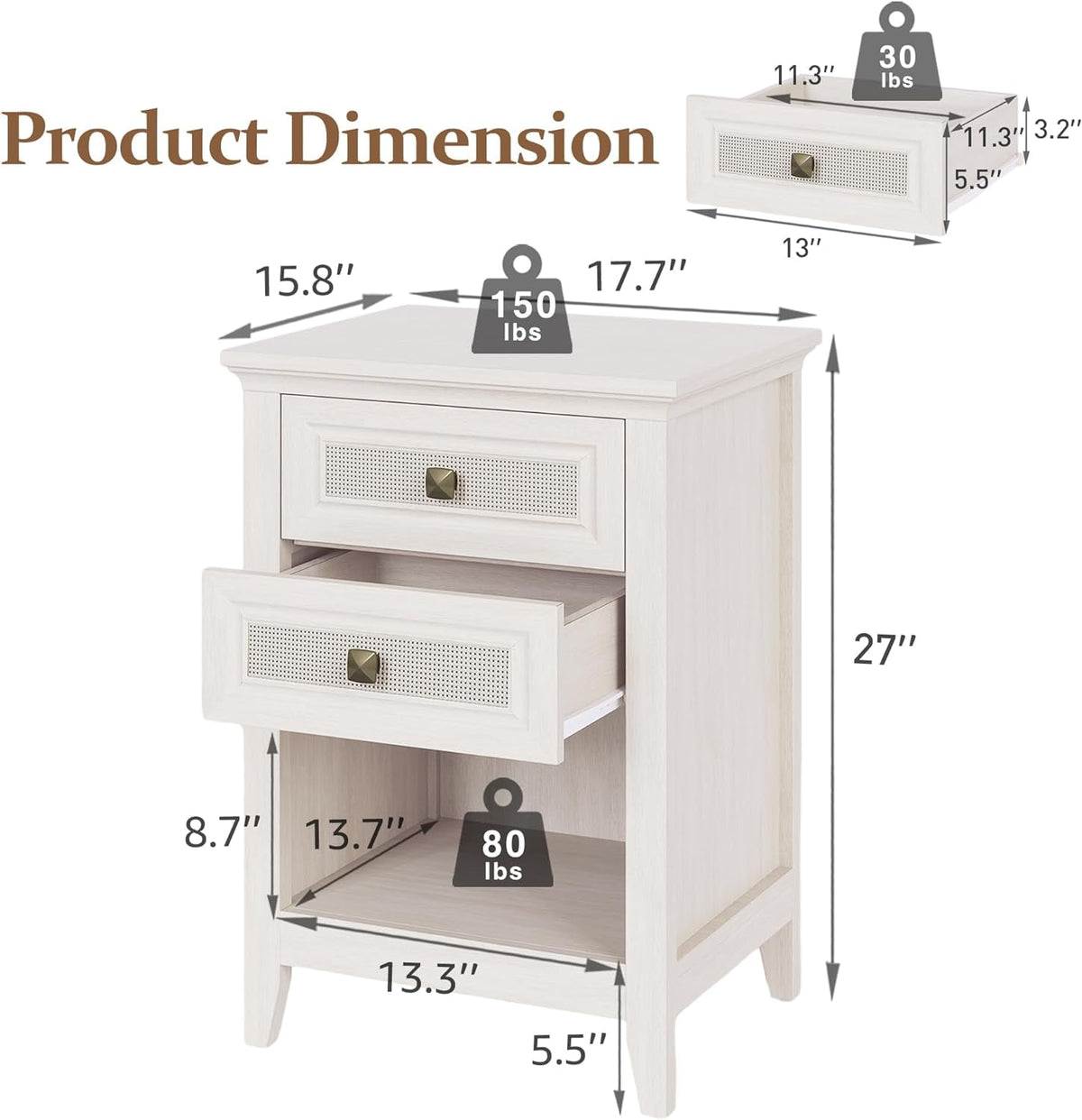Superjoe 27" Rattan Nightstand w/2 Drawers, Grayish White Wood Farmhouse Bedside Table, Boho Accent End Table Cabinet w/Open Storage Shelf