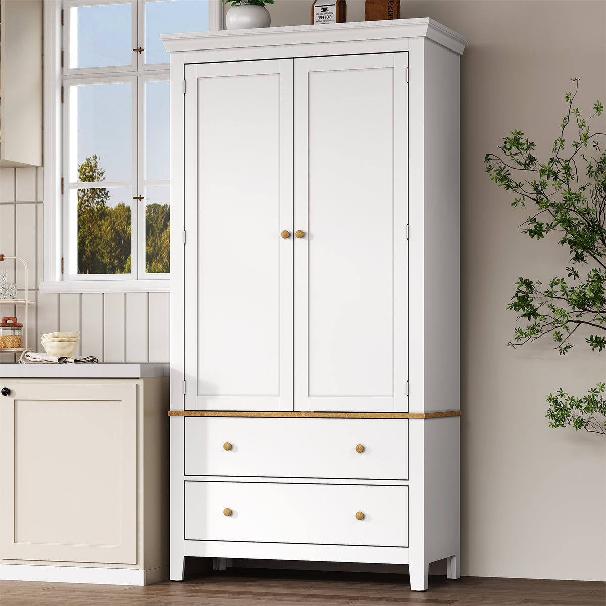 Royalcraft 70'' Tall Kitchen Pantry Cabinet, Wood Cupboard with 8 Door Storage Shelves, Large Storage Cabinet with Drawers & Adjustable Shelves for Kitchen, Dining Room, Living Room, Laundry, White