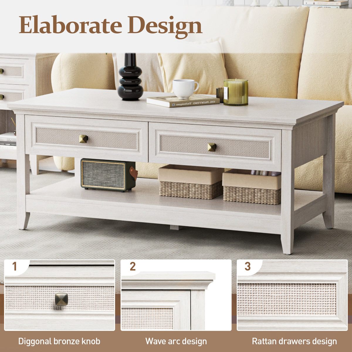 Royalcraft Farmhouse Coffee Table, Boho Tea Table with 2 Rattan Decor Drawers, Accent Center Sofa Table with Storage Shelf, 2 Tier Coffee Table for Bedroom, Living Room, Home Office, Grayish White