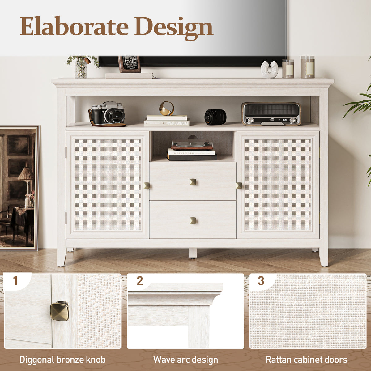 Royalcraft Farmhouse Rattan Storage Cabinet, Boho Sideboard Cabinet with Doors & Drawers, Buffet Cabinet with Adjustable Shelves, Accent Cabinet for Kitchen, Dining Room, Living Room, Grayish White