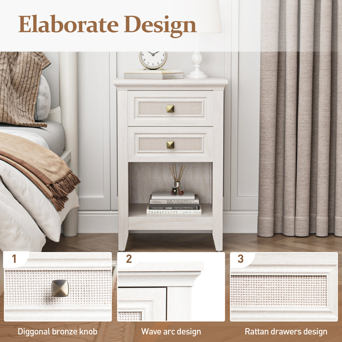 Royalcraft Farmhouse Nightstand, Boho Bedside Table with 2 Rattan Decor Drawers, Accent End Table with Open Storage Shelf, Wood Bedside Unit for Bedroom, Living Room, Home Office, Grayish White
