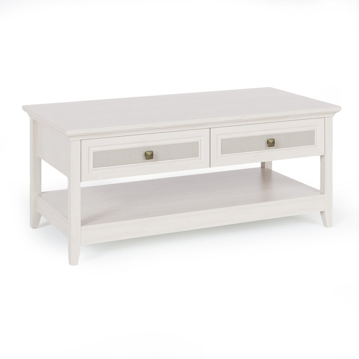 Royalcraft Farmhouse Coffee Table, Boho Tea Table with 2 Rattan Decor Drawers, Accent Center Sofa Table with Storage Shelf, 2 Tier Coffee Table for Bedroom, Living Room, Home Office, Grayish White