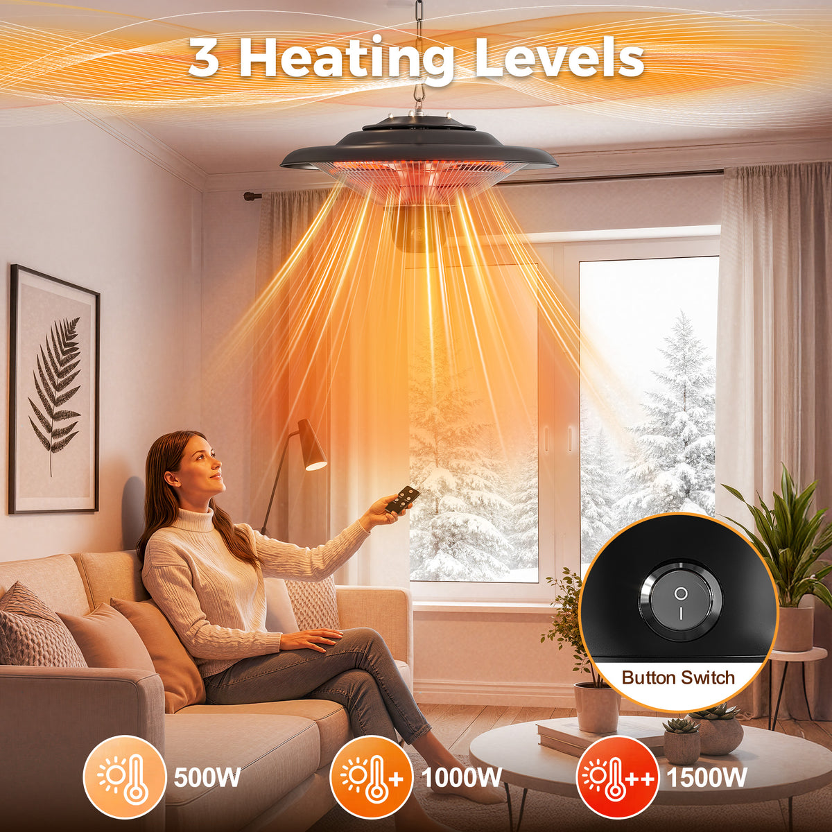 Outdoor Patio Heater, 1500W Outdoor Hanging Heater, Electric Infrared Hanging Heater with 3 Adjustable Modes, Waterproof Ceiling Heater for Porch, Garage, Balcony, Black