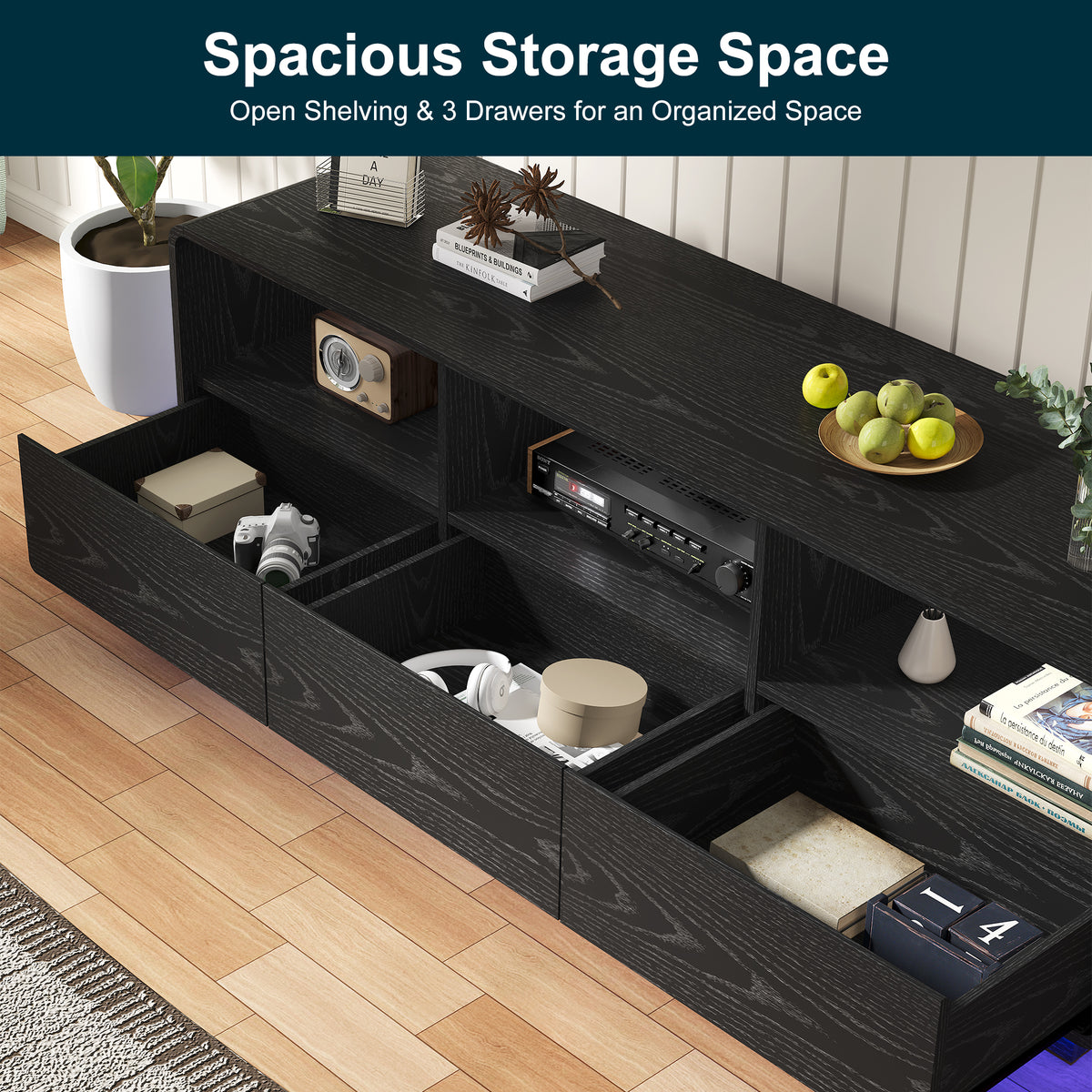 Royalcraft 59" Modern TV Stand with LED Lights, Floating Bohemian Wood Entertainment Center with Storage Drawers for Living Room & Bedroom