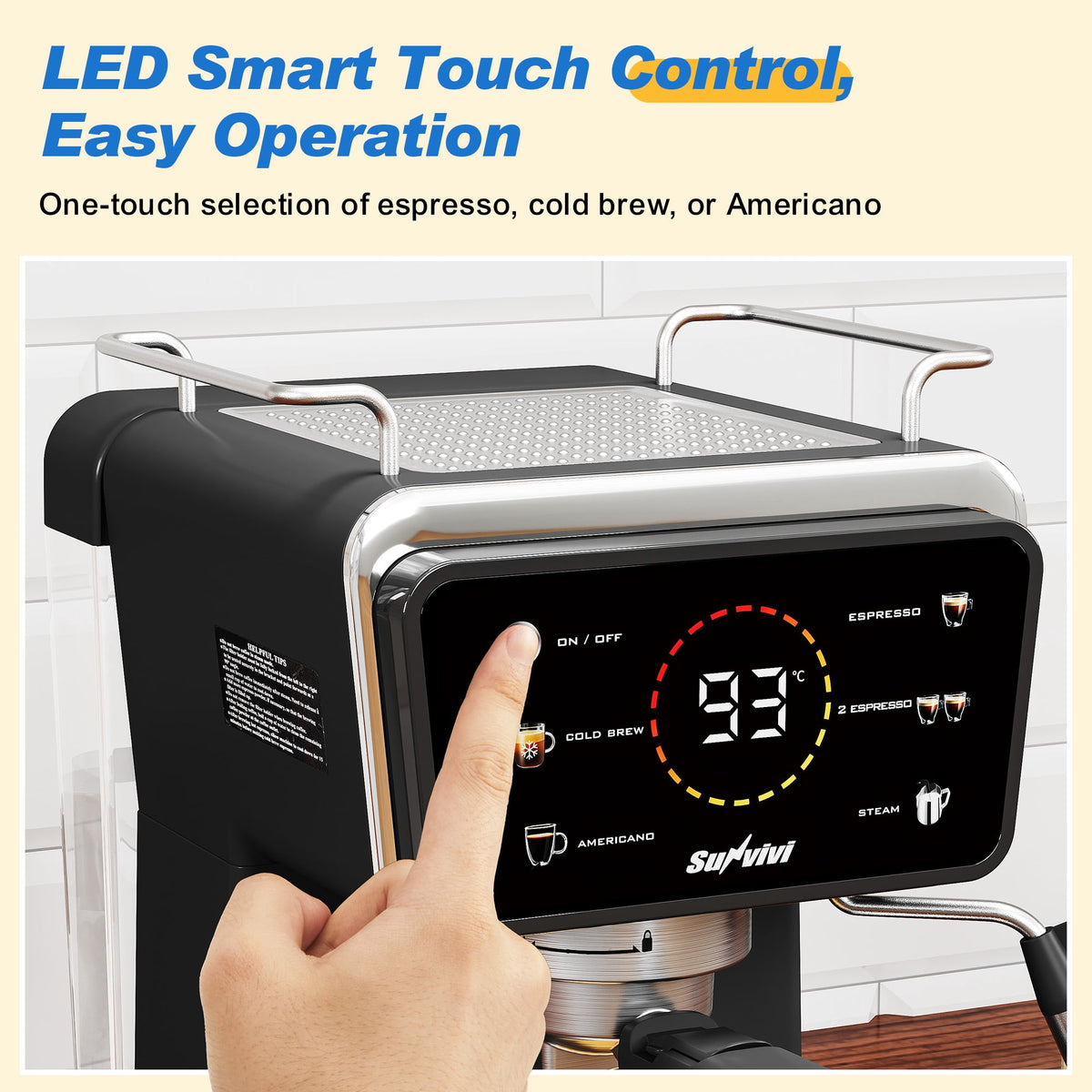 Royalcraft 20 Bar Espresso Machine, 3-in-1 Hot & Iced Coffee Maker with Milk Frother, LED Touch Control, Removable 52oz Water Tank