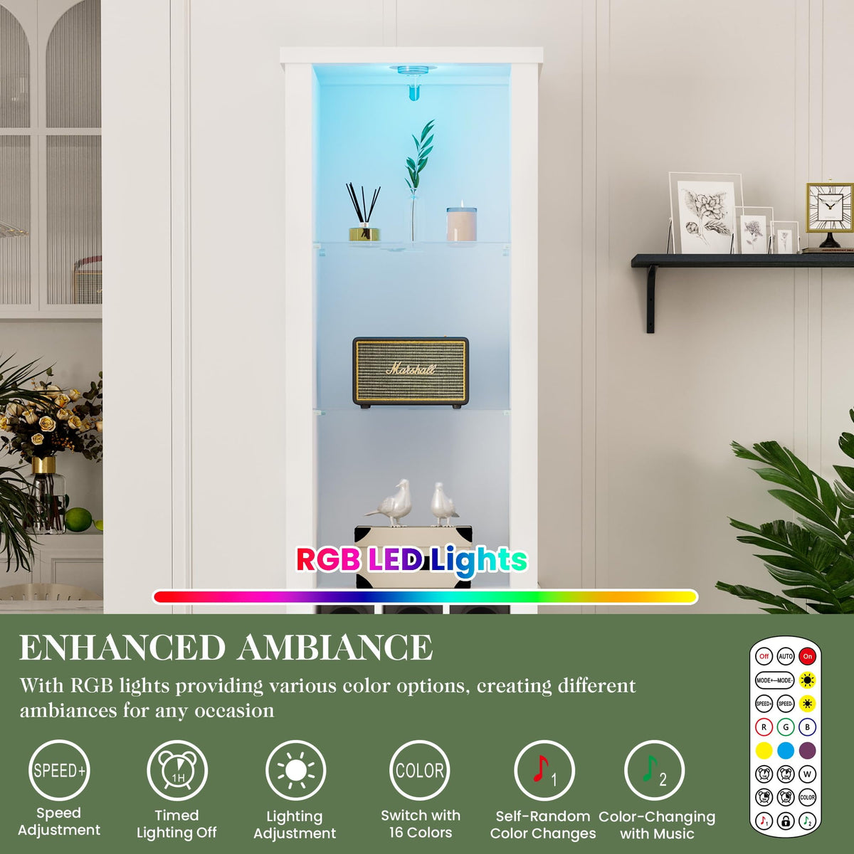 Royalcraft 75'' Tall Storage Cabinet with LED Light, Farmhouse Pantry Cabinet with Tempered Glass Adjustable Shelves & Wine Storage Rack, Freestanding Linen Tower for Bathroom, Living Room,White