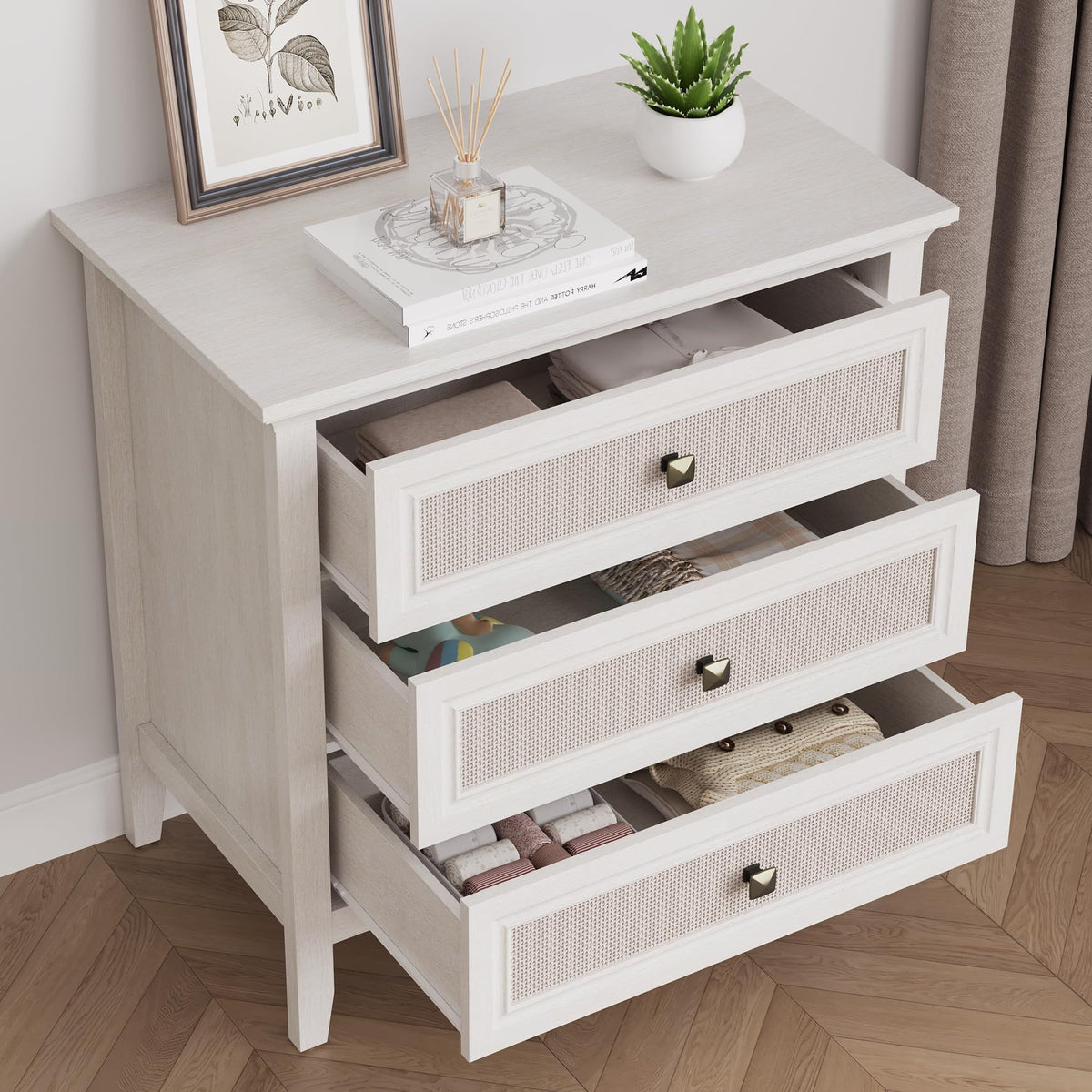 Superjoe 3 Drawer Nightstand, Rattan Dresser Table with Cane Drawers, Tall Boho Bedside Table Cabinet for Bedroom, Living Room, Entryway, Hallway, White