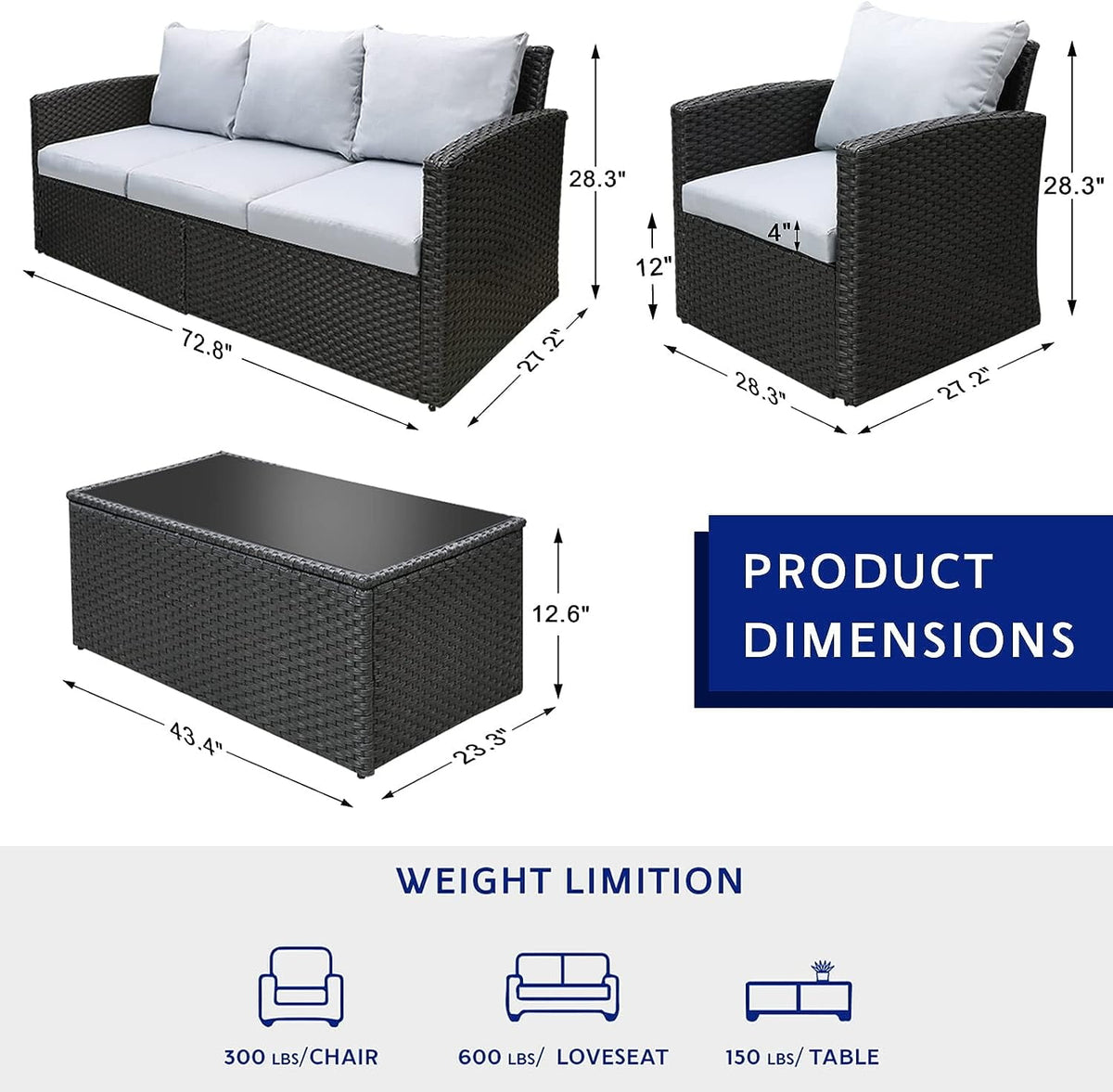 Royalcraft Wicker Patio Furniture Set,4 Pieces Outdoor Conversation Set with Tempered Glass Coffee Table and Thick Cushion, Rattan Couch Sofa Armchair Seat for Garden Backyard, Grey